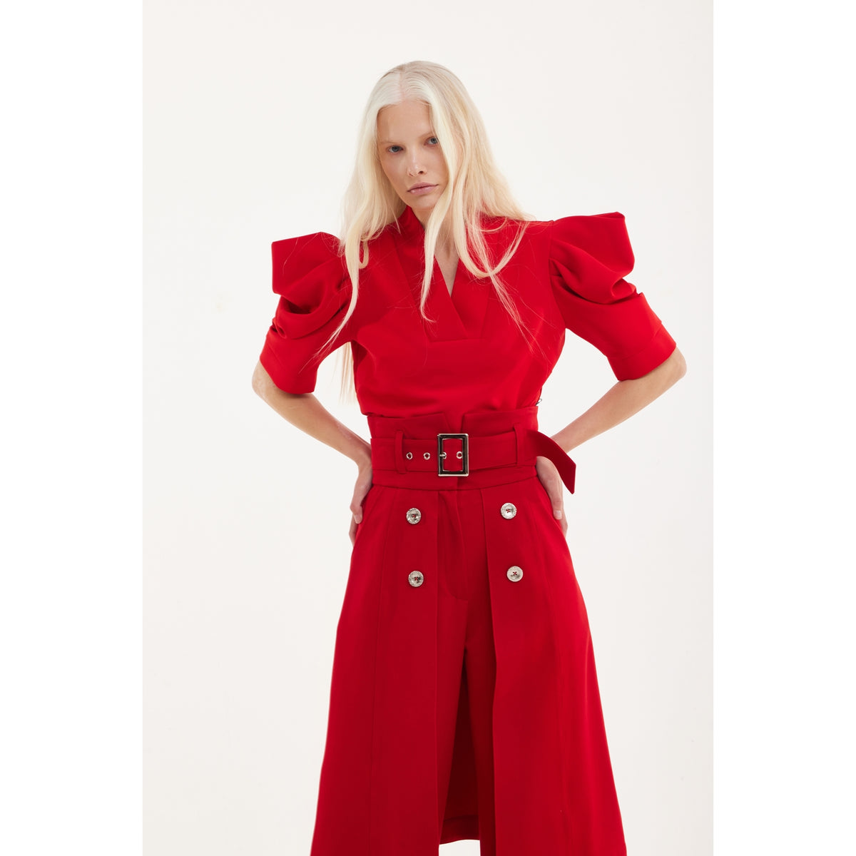 V-Neck Puff Sleeve Top - Red