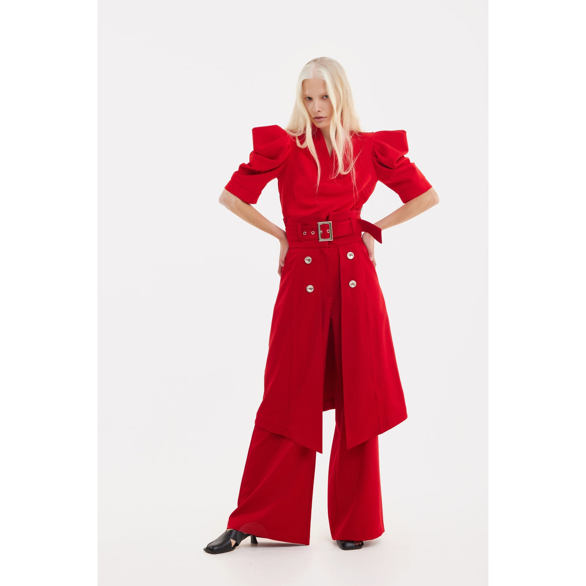 V-Neck Puff Sleeve Top - Red