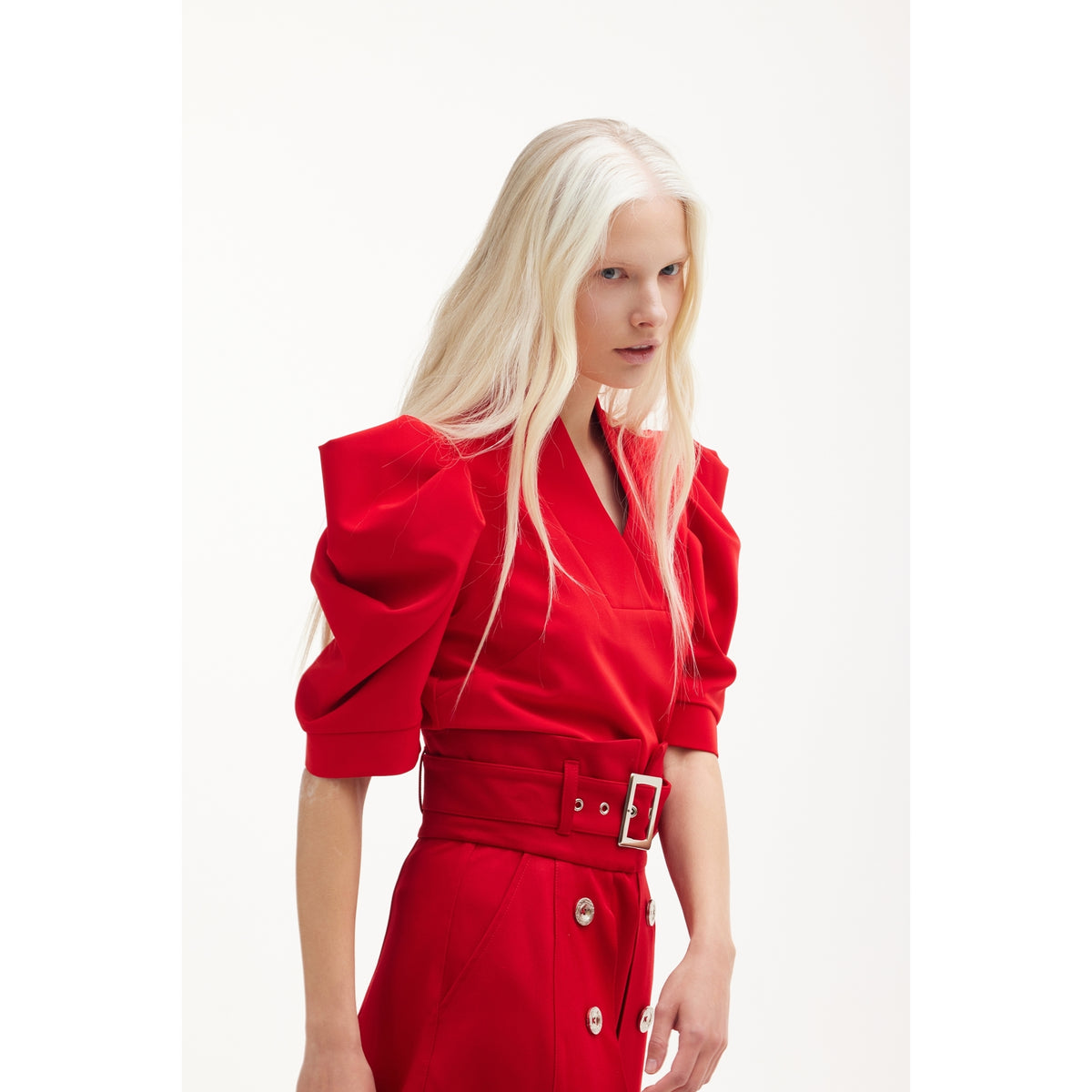 V-Neck Puff Sleeve Top - Red