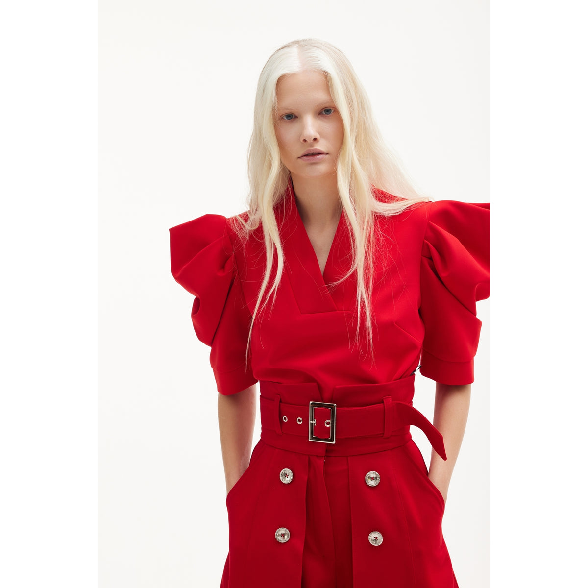 V-Neck Puff Sleeve Top - Red