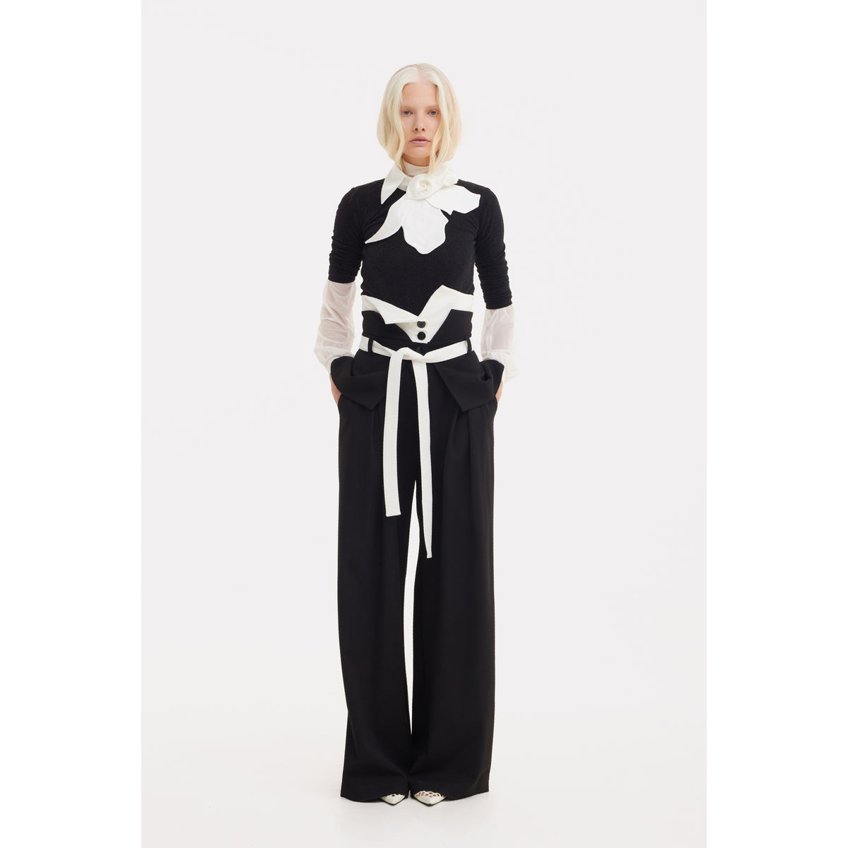 Flared Pants With Corset Waistband Black-White