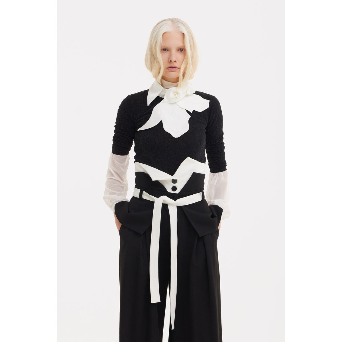 Flared Pants With Corset Waistband Black-White