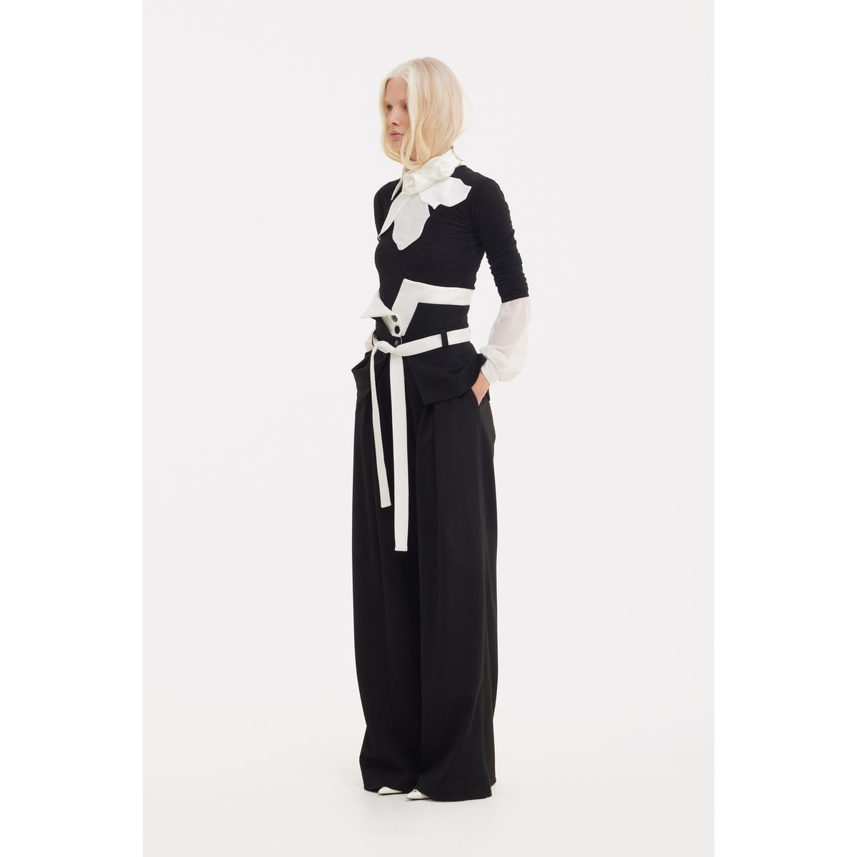 Flared Pants With Corset Waistband Black-White