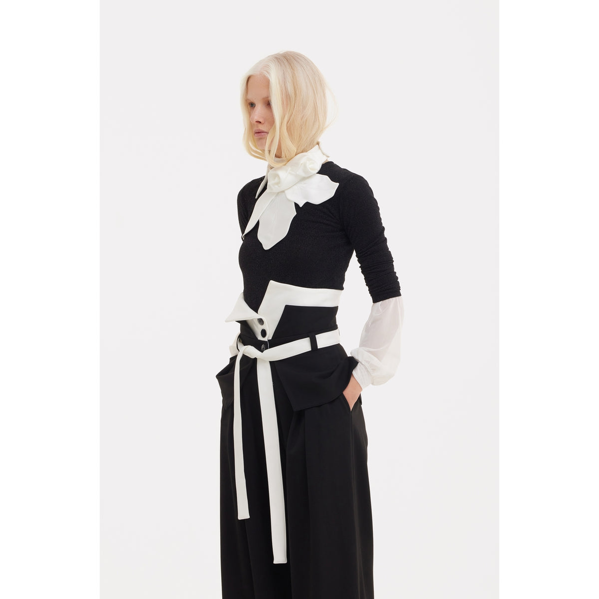 Flared Pants With Corset Waistband Black-White