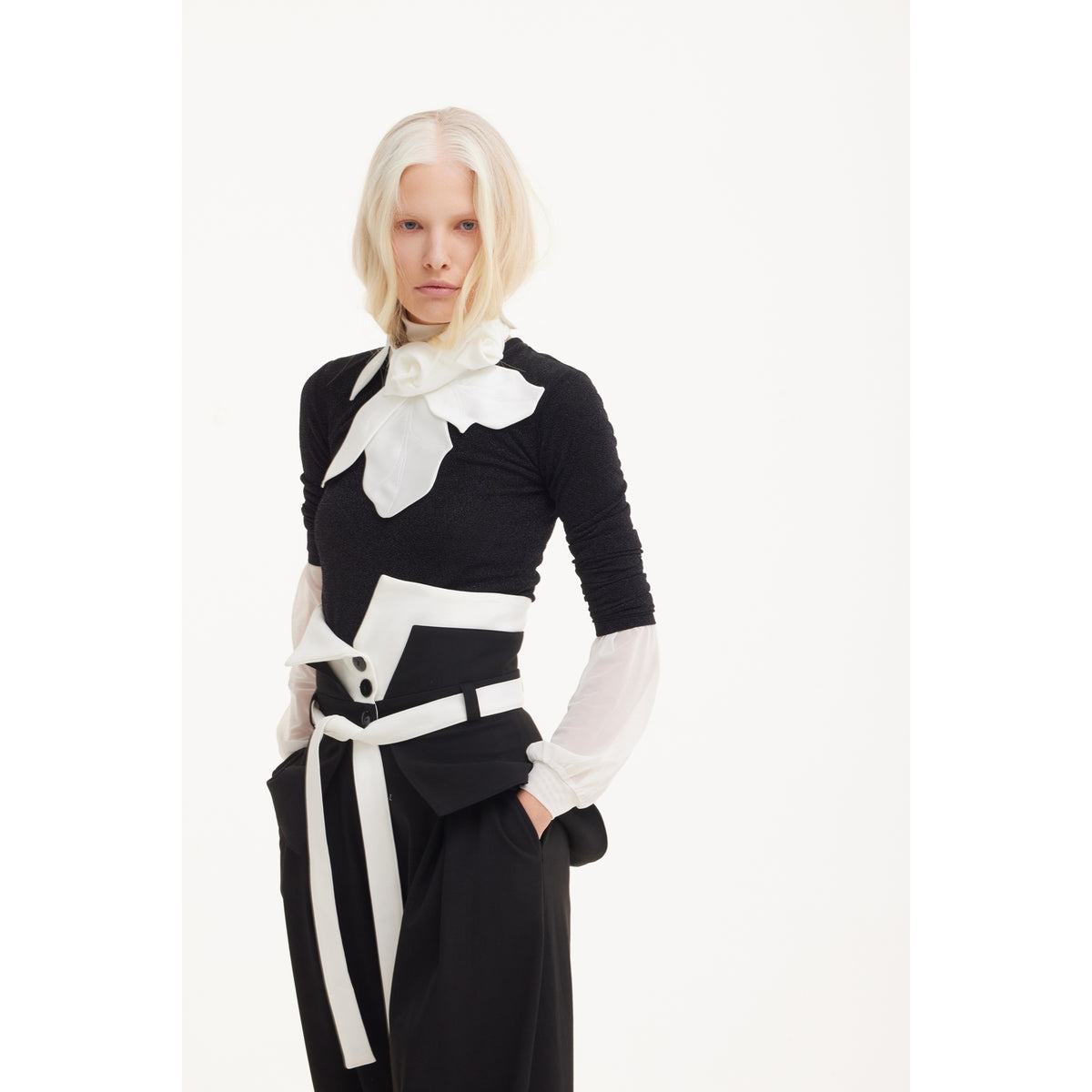 Flared Pants With Corset Waistband Black-White