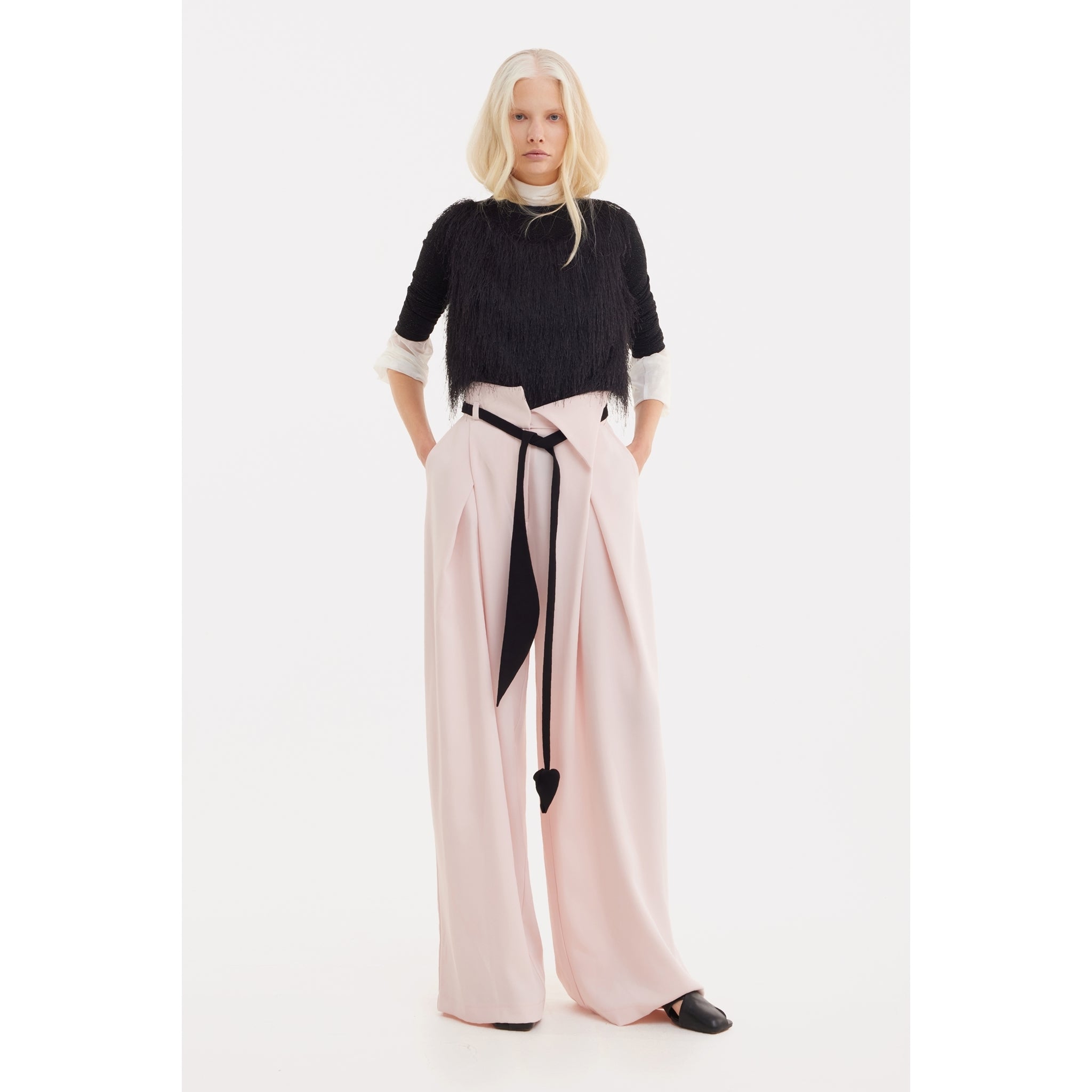 Fashion Forward Wide-Leg Pants & Contrast Belt - Pale Pink