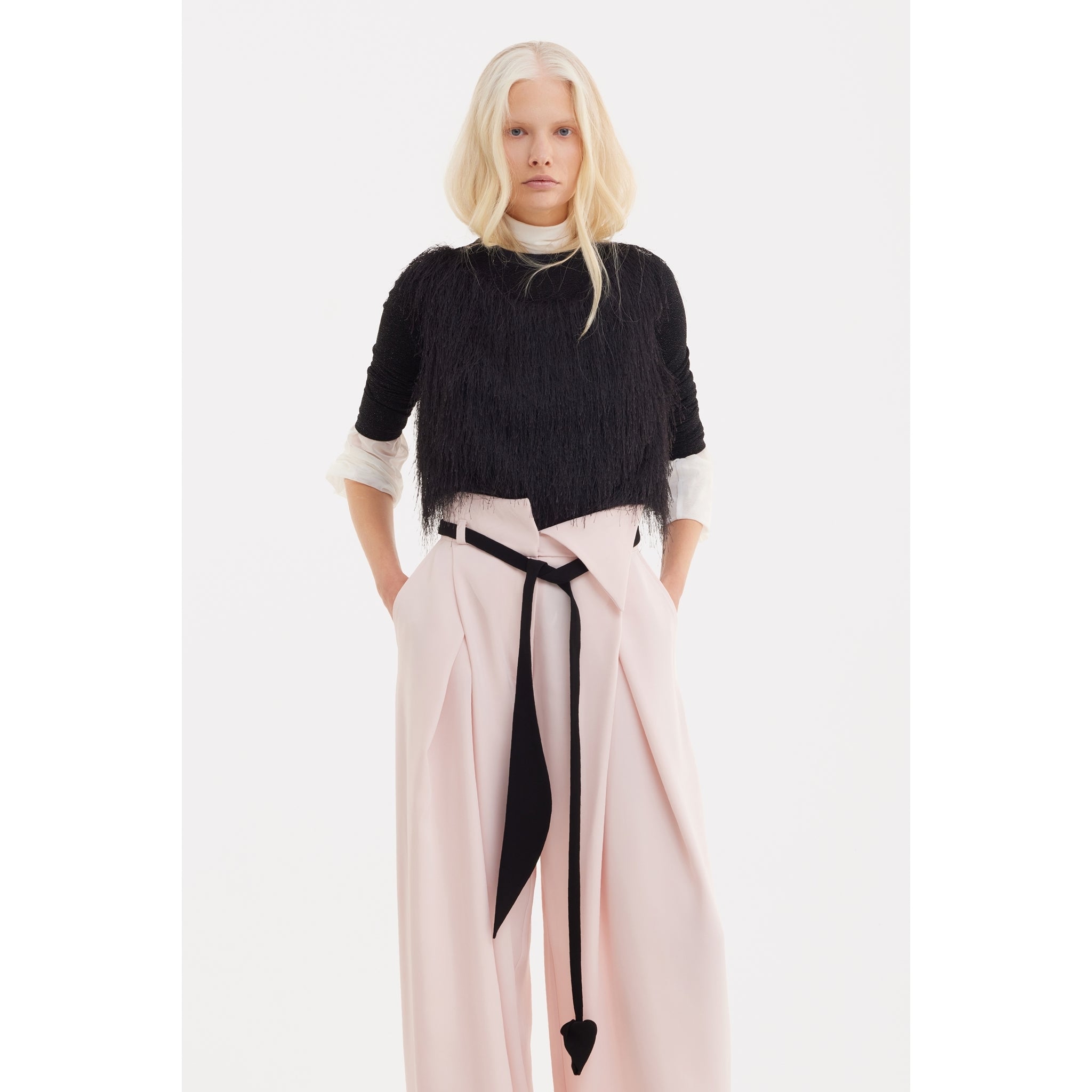 Fashion Forward Wide-Leg Pants & Contrast Belt - Pale Pink