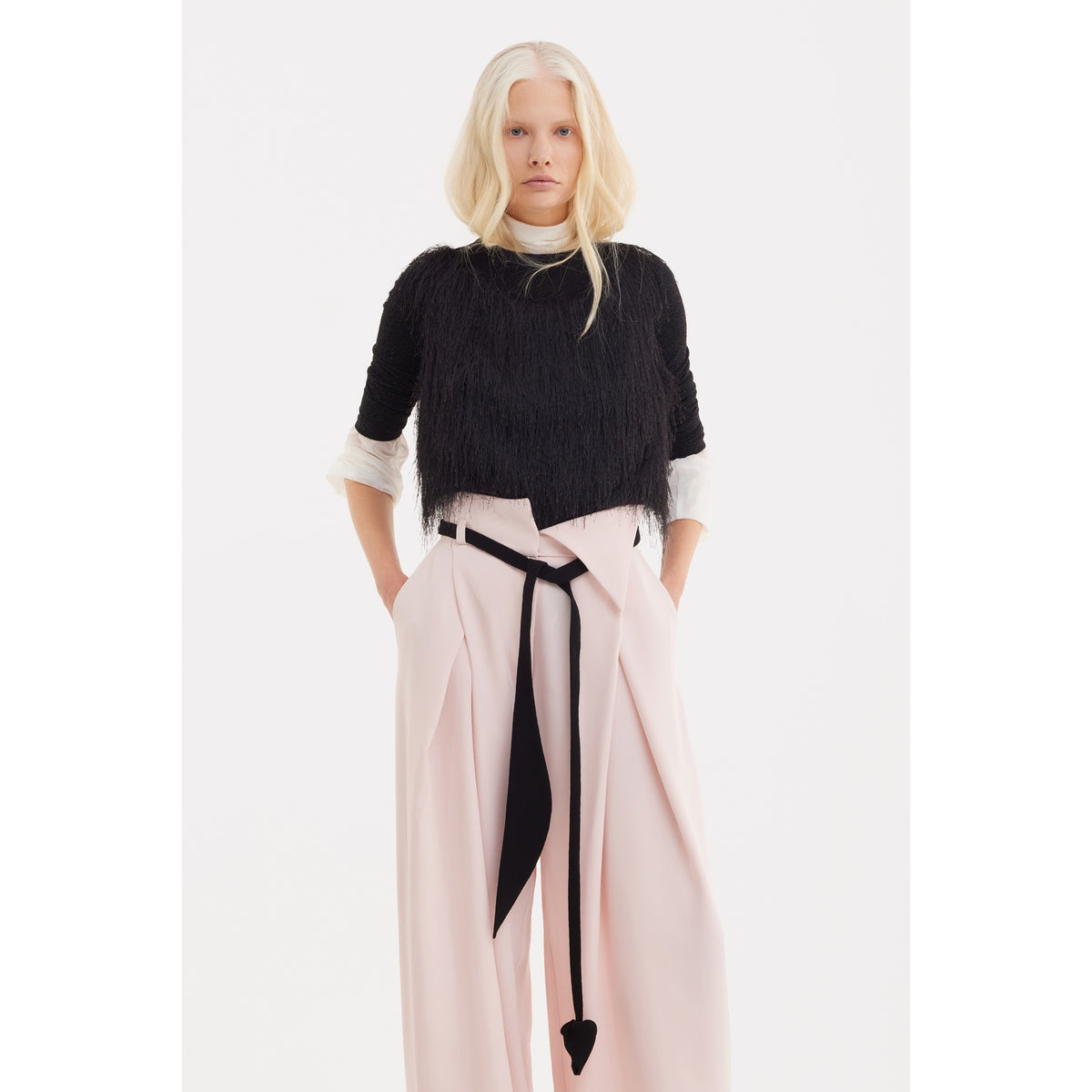 Fashion Forward Wide-Leg Pants &amp; Contrast Belt - Pale Pink