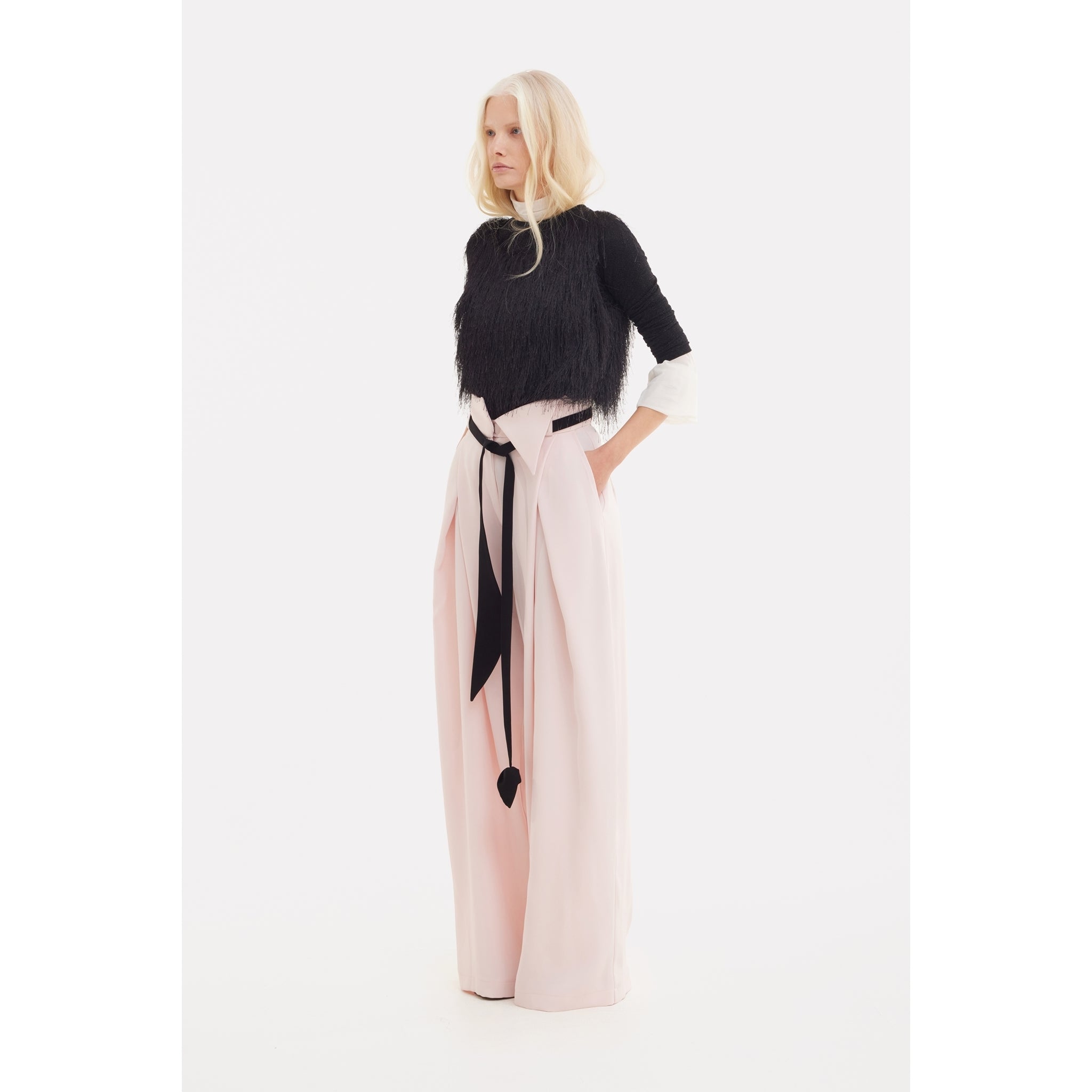 Fashion Forward Wide-Leg Pants & Contrast Belt - Pale Pink