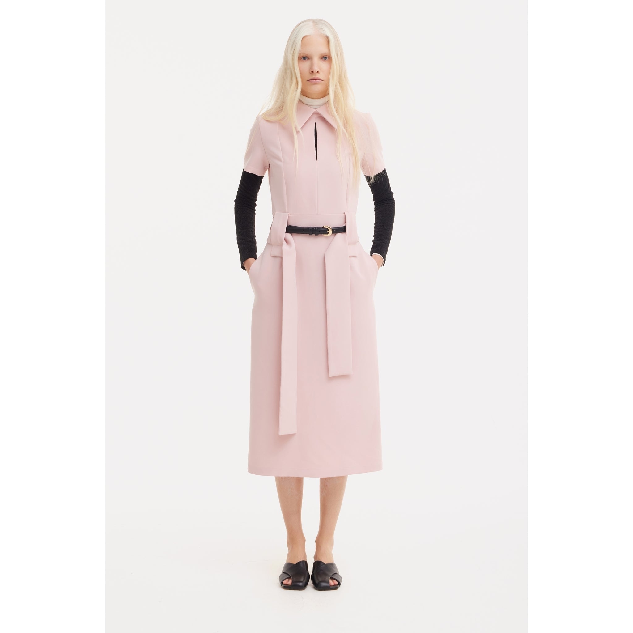 Short Sleeve Midi Dress With Belt - Blush Pink