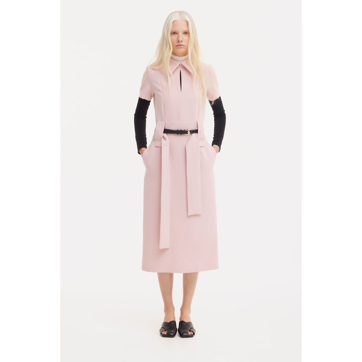 Short Sleeve Midi Dress With Belt - Blush Pink