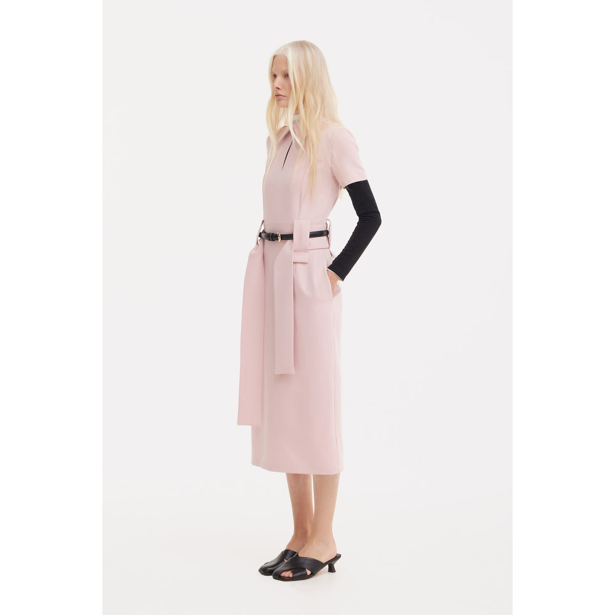 Short Sleeve Midi Dress With Belt - Blush Pink