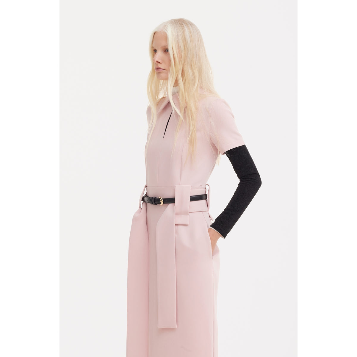 Short Sleeve Midi Dress With Belt - Blush Pink