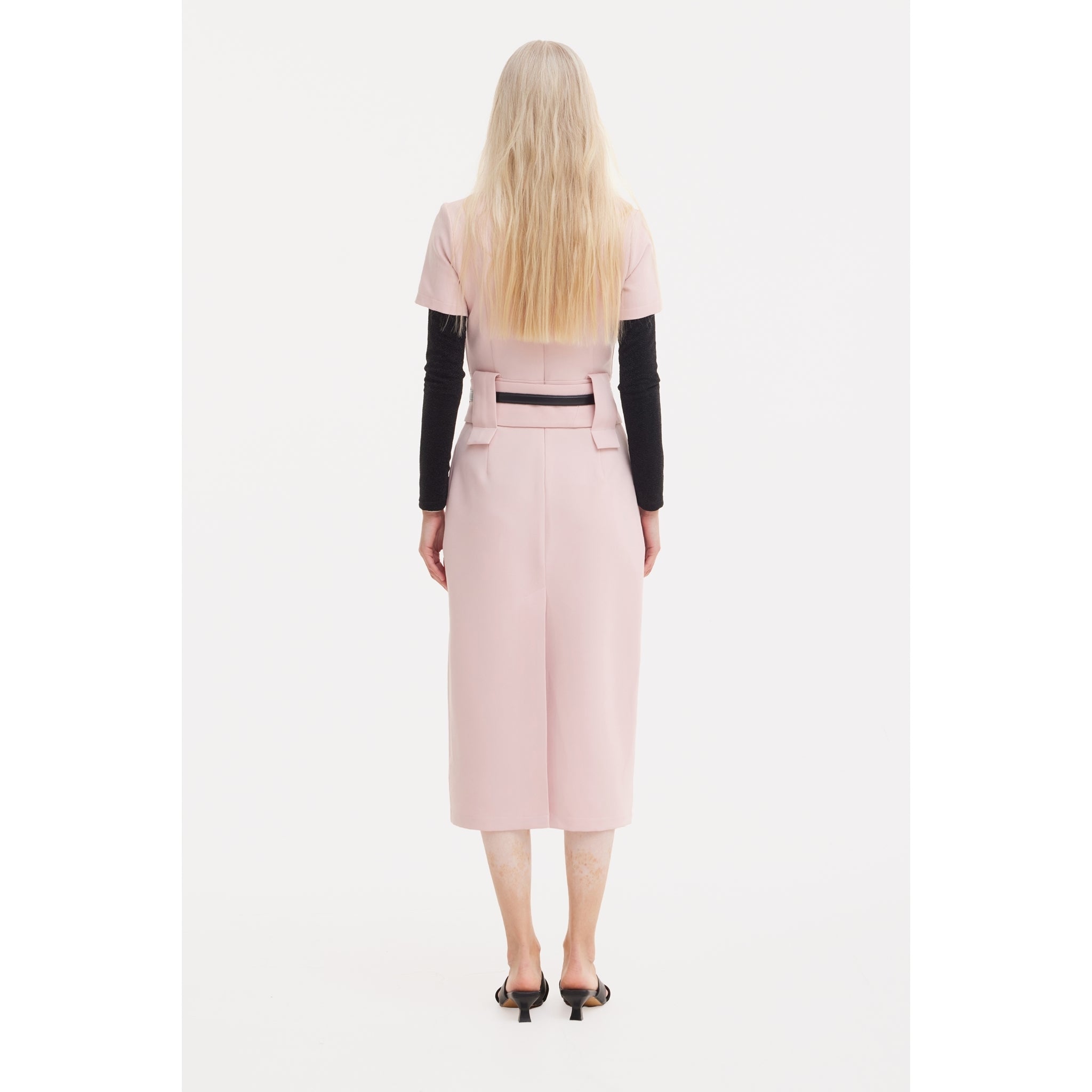 Short Sleeve Midi Dress With Belt - Blush Pink