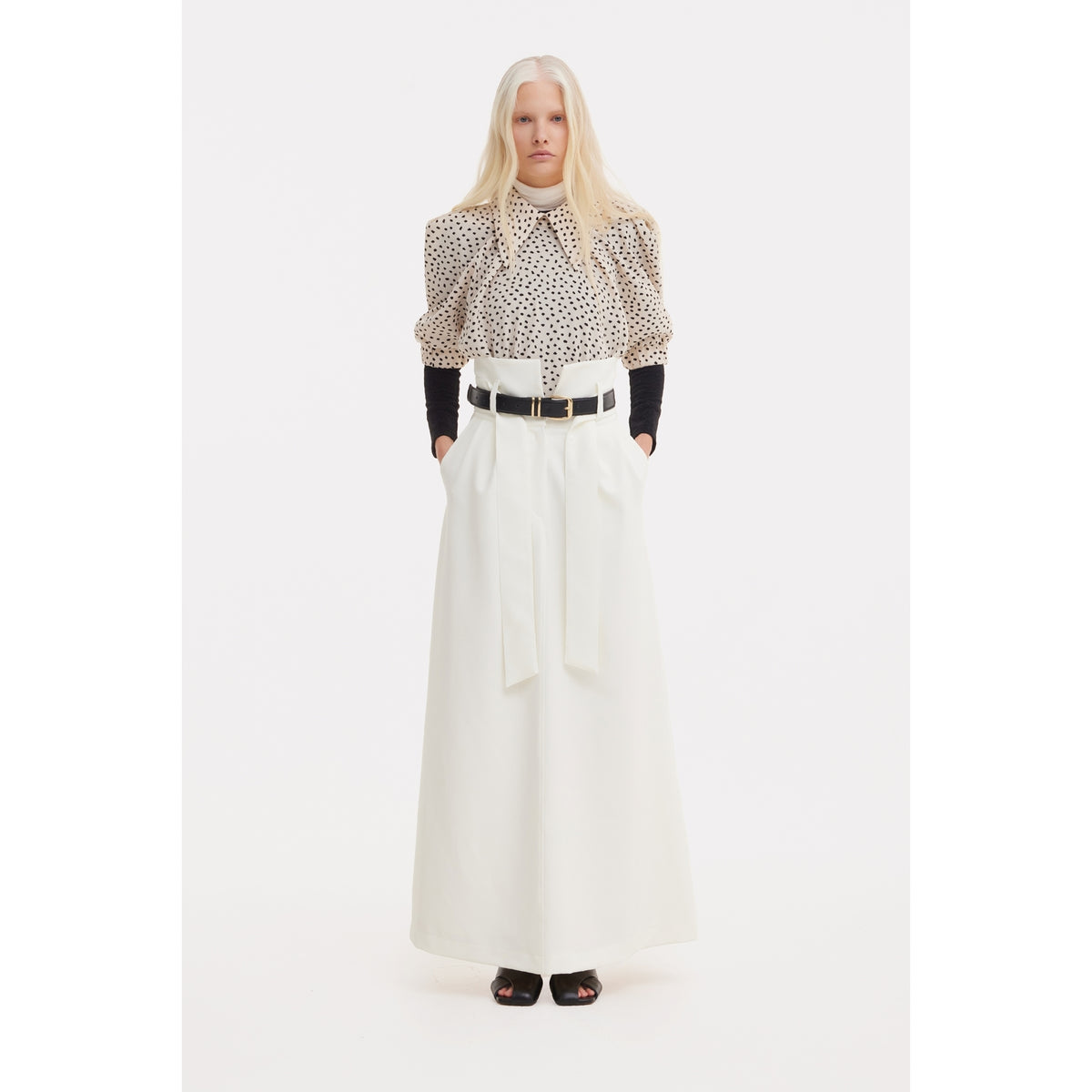 Ecru High Waist A-Line Long Skirt With Belt