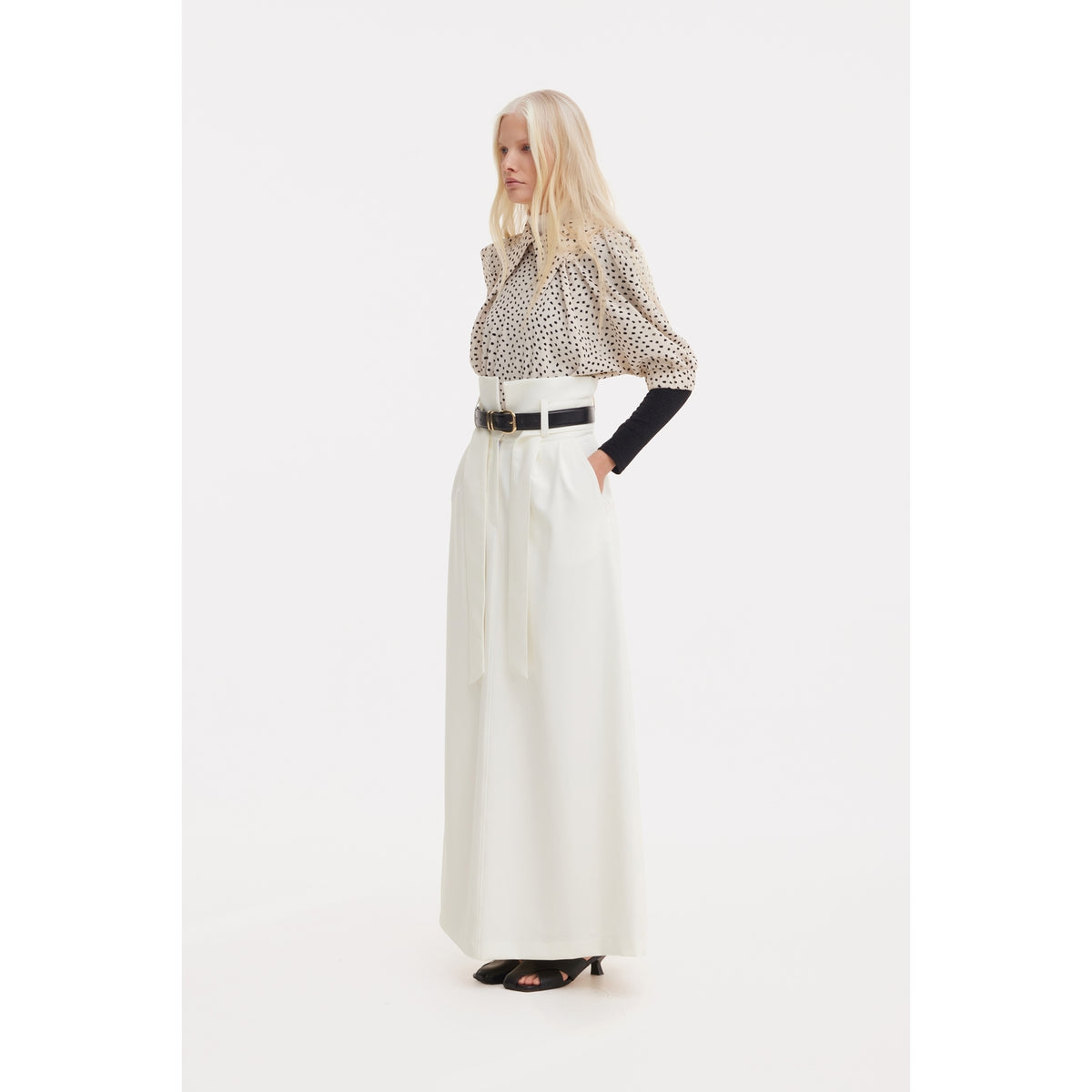 Ecru High Waist A-Line Long Skirt With Belt