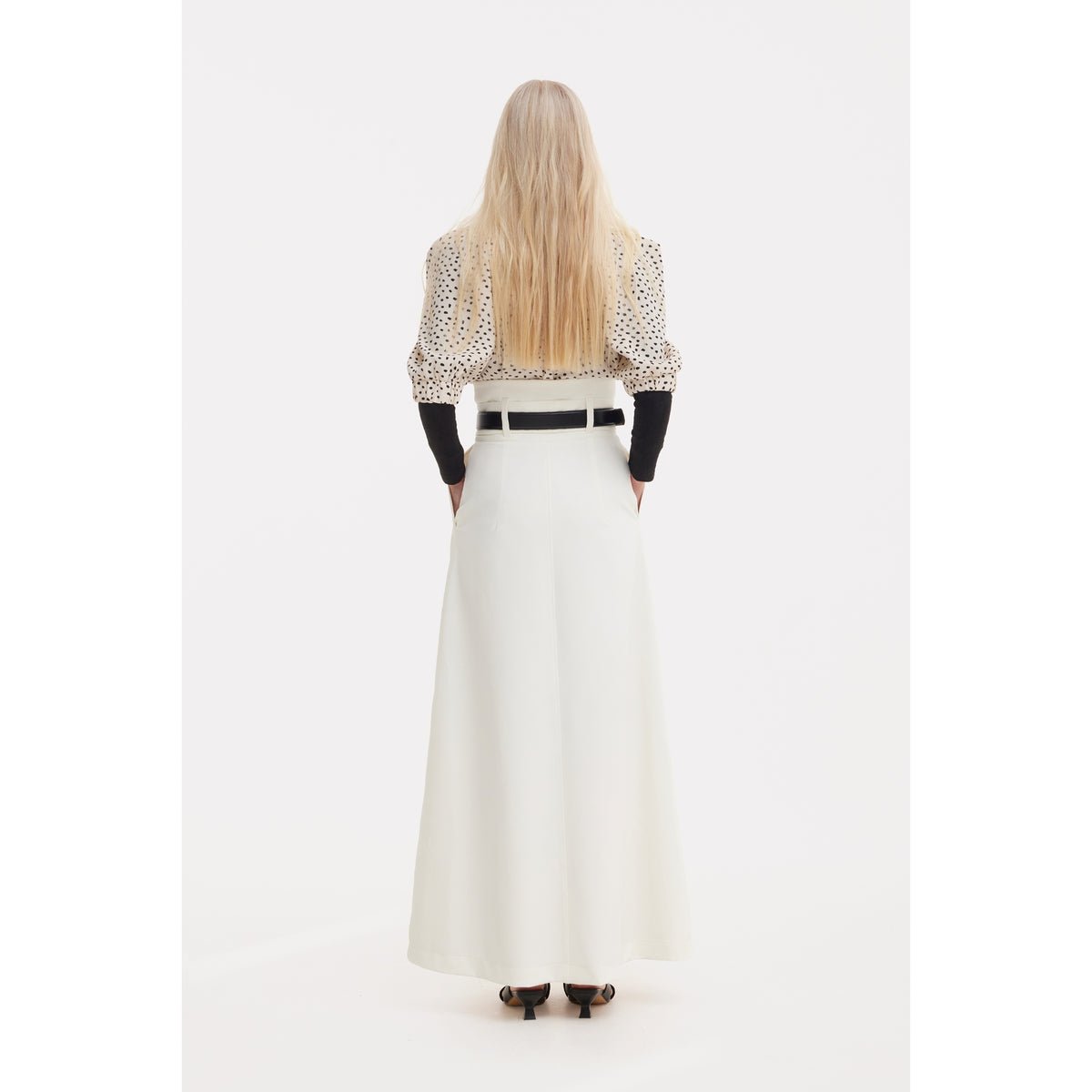 Ecru High Waist A-Line Long Skirt With Belt