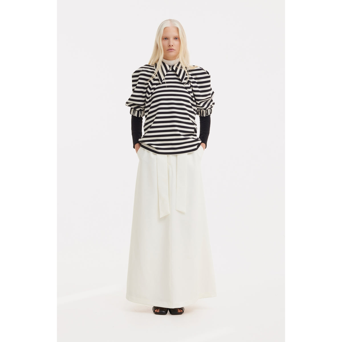 Ecru High Waist A-Line Long Skirt With Belt