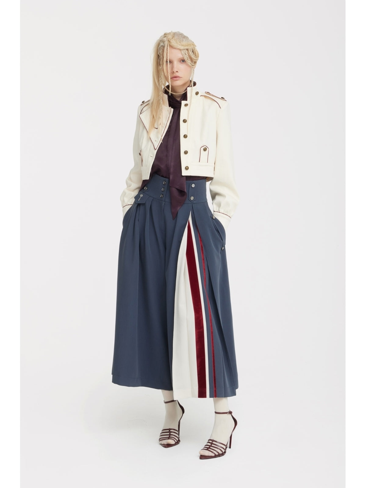 JULIA ALLERT ivory designer denim jacket with contrast piping, styled look, buy at DOORS NYC