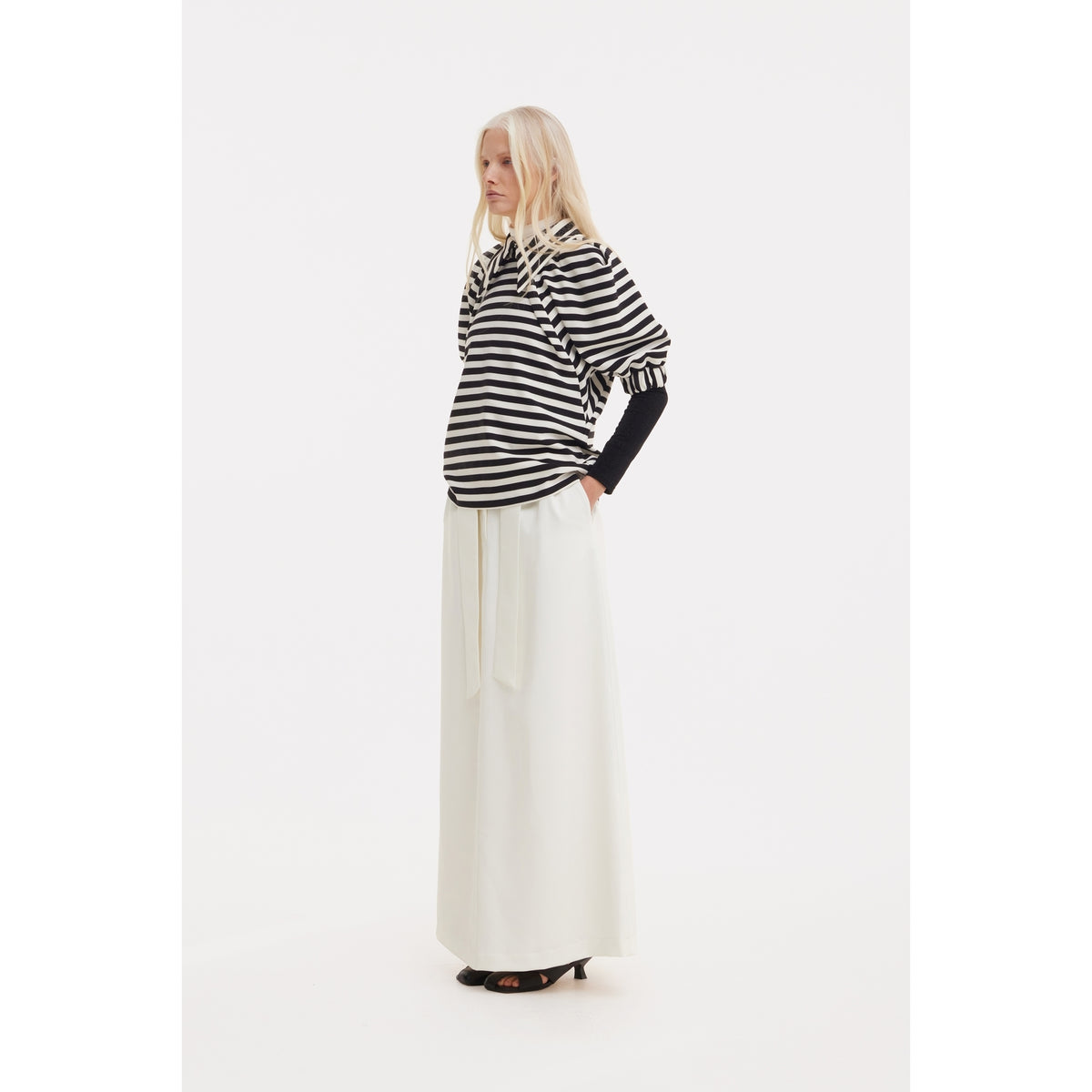 Ecru High Waist A-Line Long Skirt With Belt