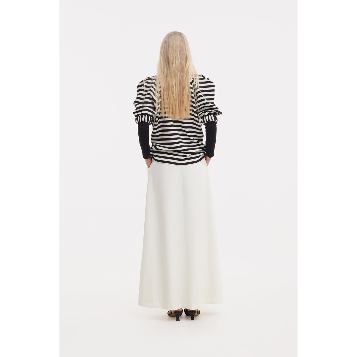 Ecru High Waist A-Line Long Skirt With Belt