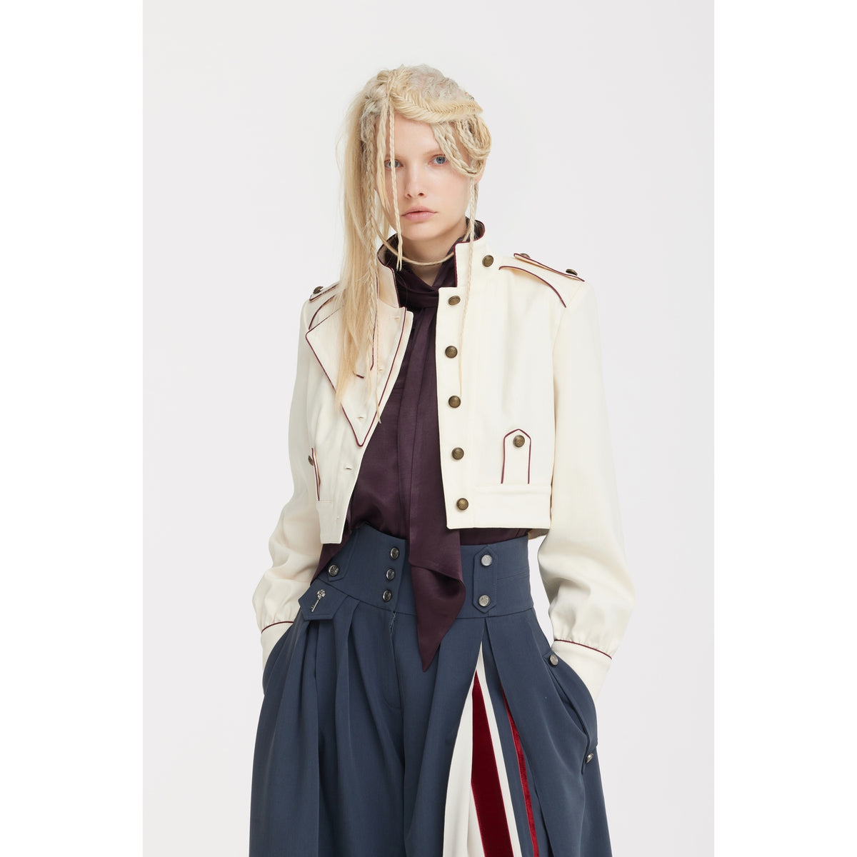 JULIA ALLERT high-waisted wide-leg culottes styled with cropped jacket, close-up, buy at DOORS NYC