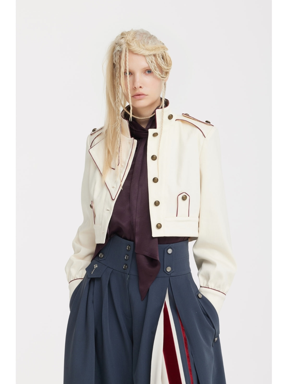 JULIA ALLERT ivory cropped denim jacket, side view on model, buy at DOORS NYC