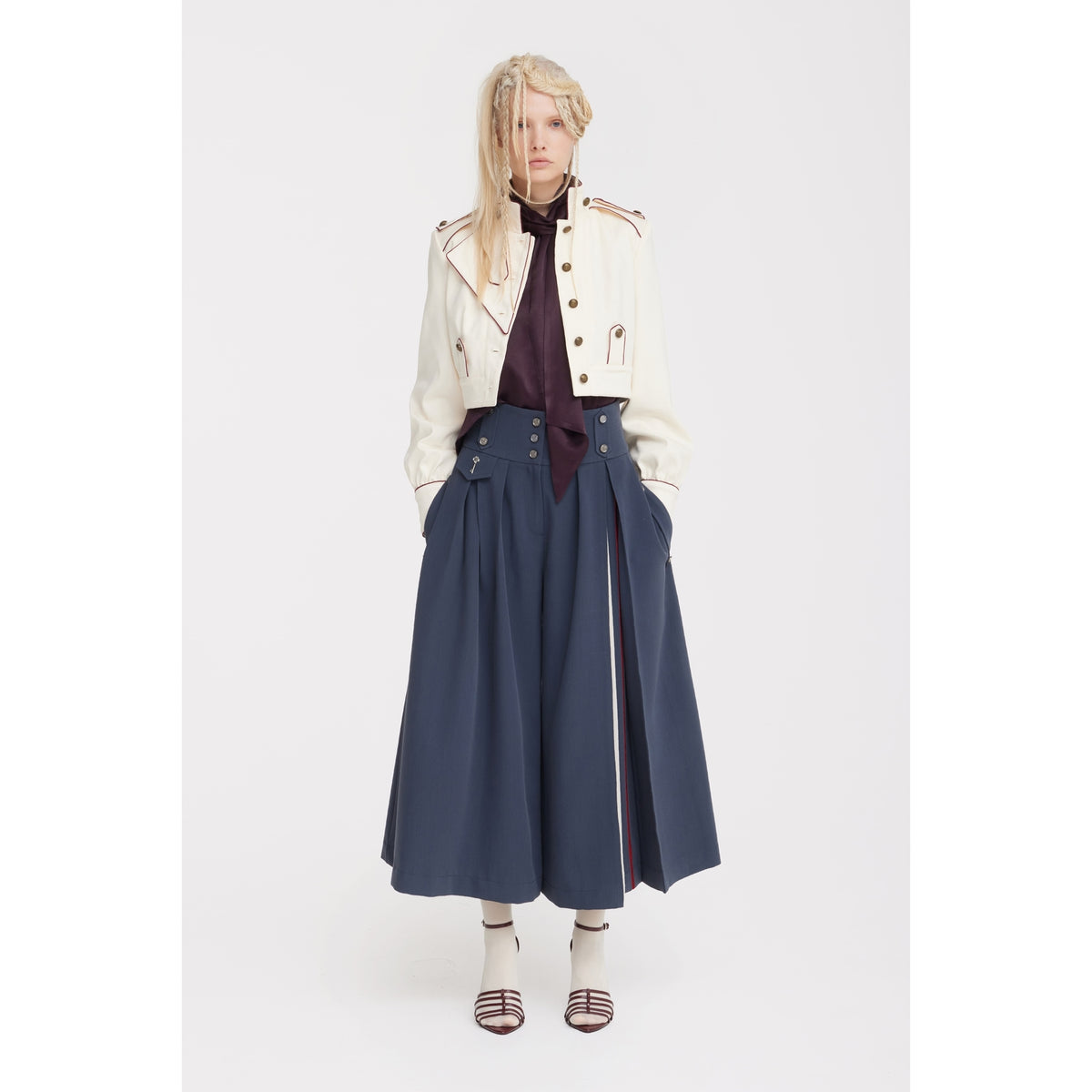 JULIA ALLERT blue grey culottes with striped inner pleat detail, styled look, buy at DOORS NYC