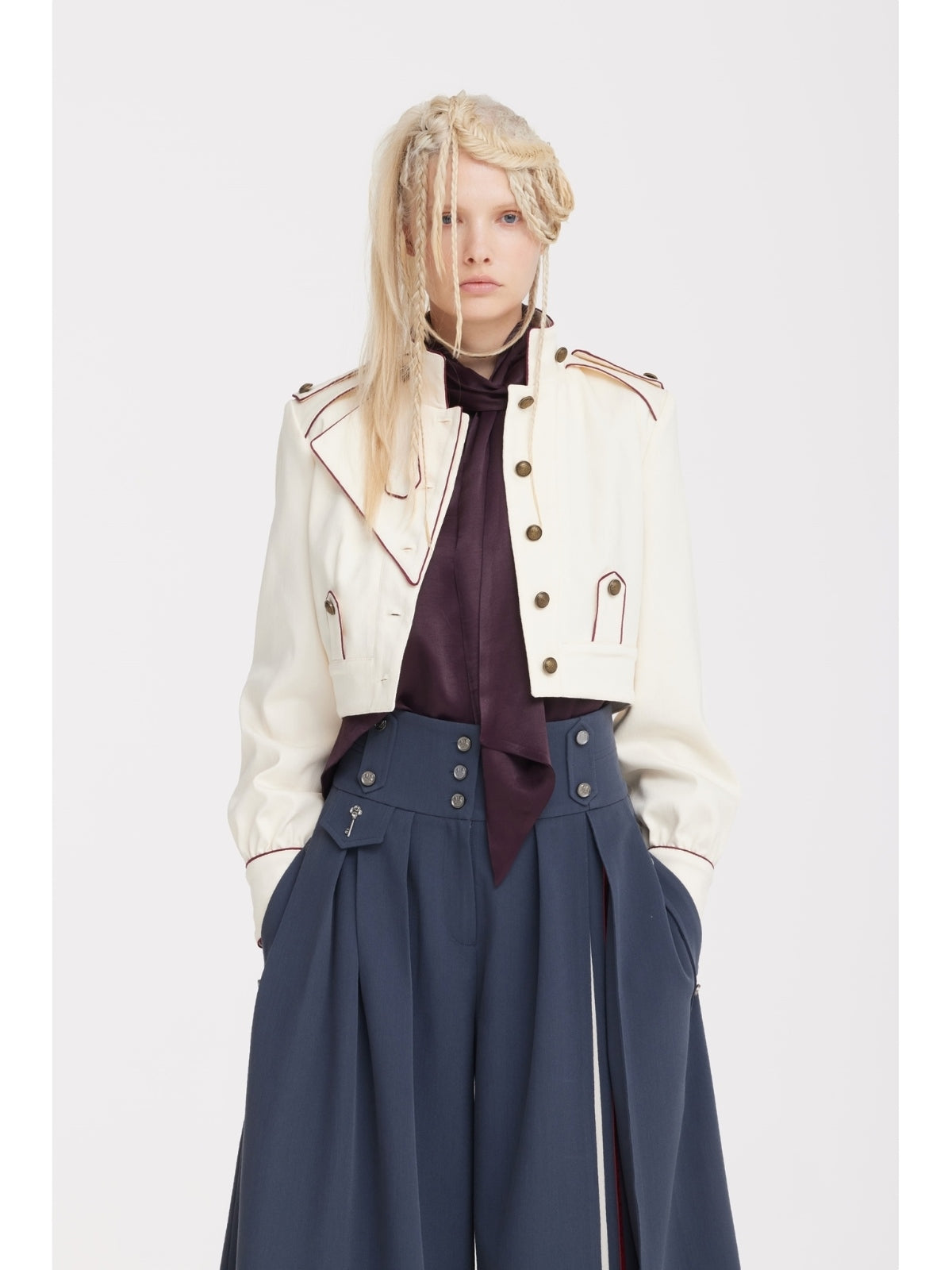 JULIA ALLERT ivory piped denim jacket, full-length model shot, buy at DOORS NYC