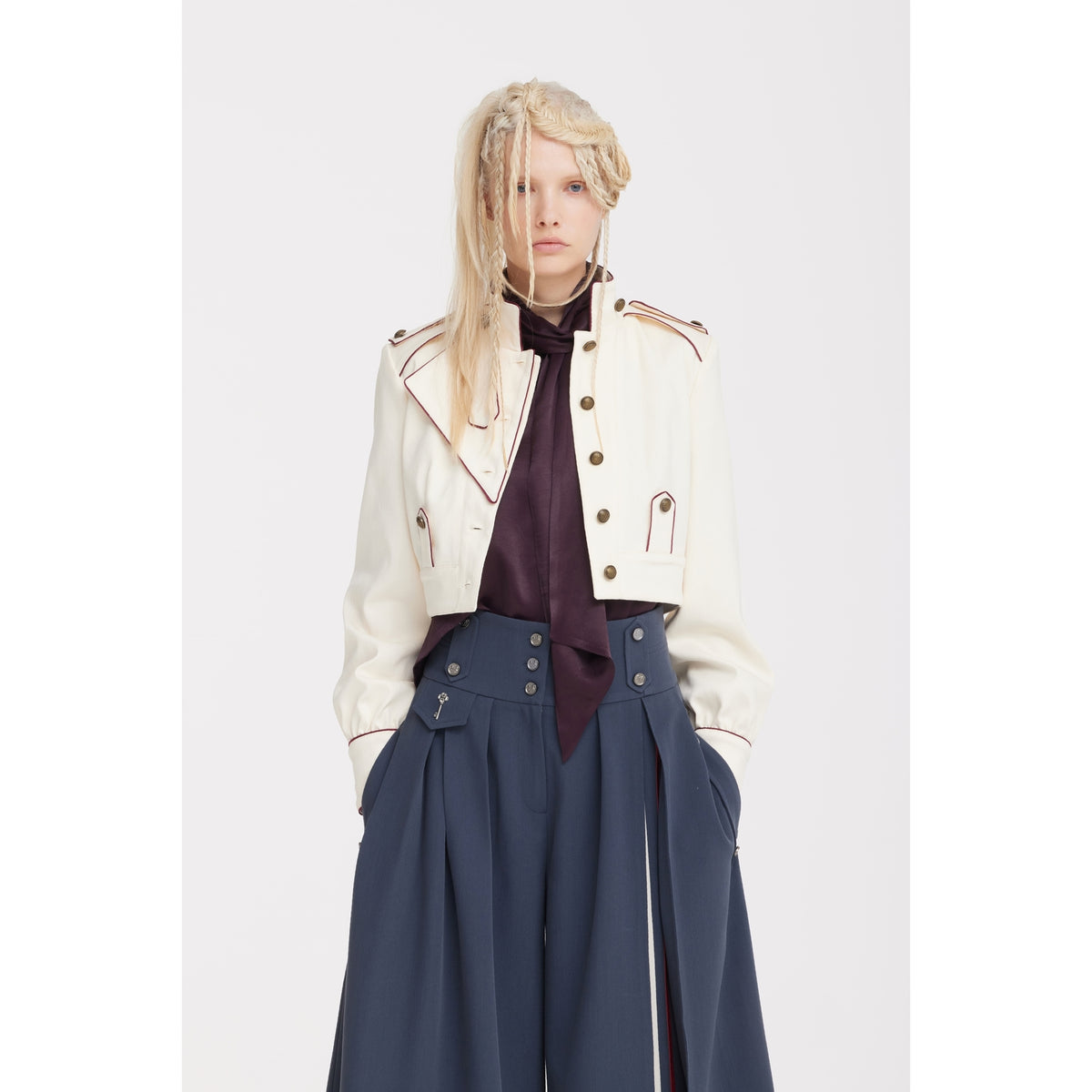 JULIA ALLERT tailored wide-leg culottes with deep pleats, worn by model, buy at DOORS NYC