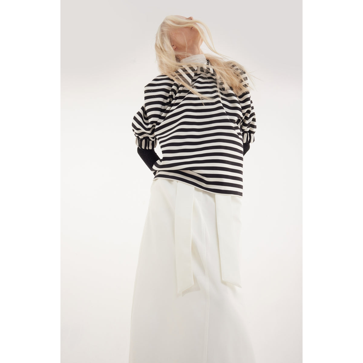 Ecru High Waist A-Line Long Skirt With Belt