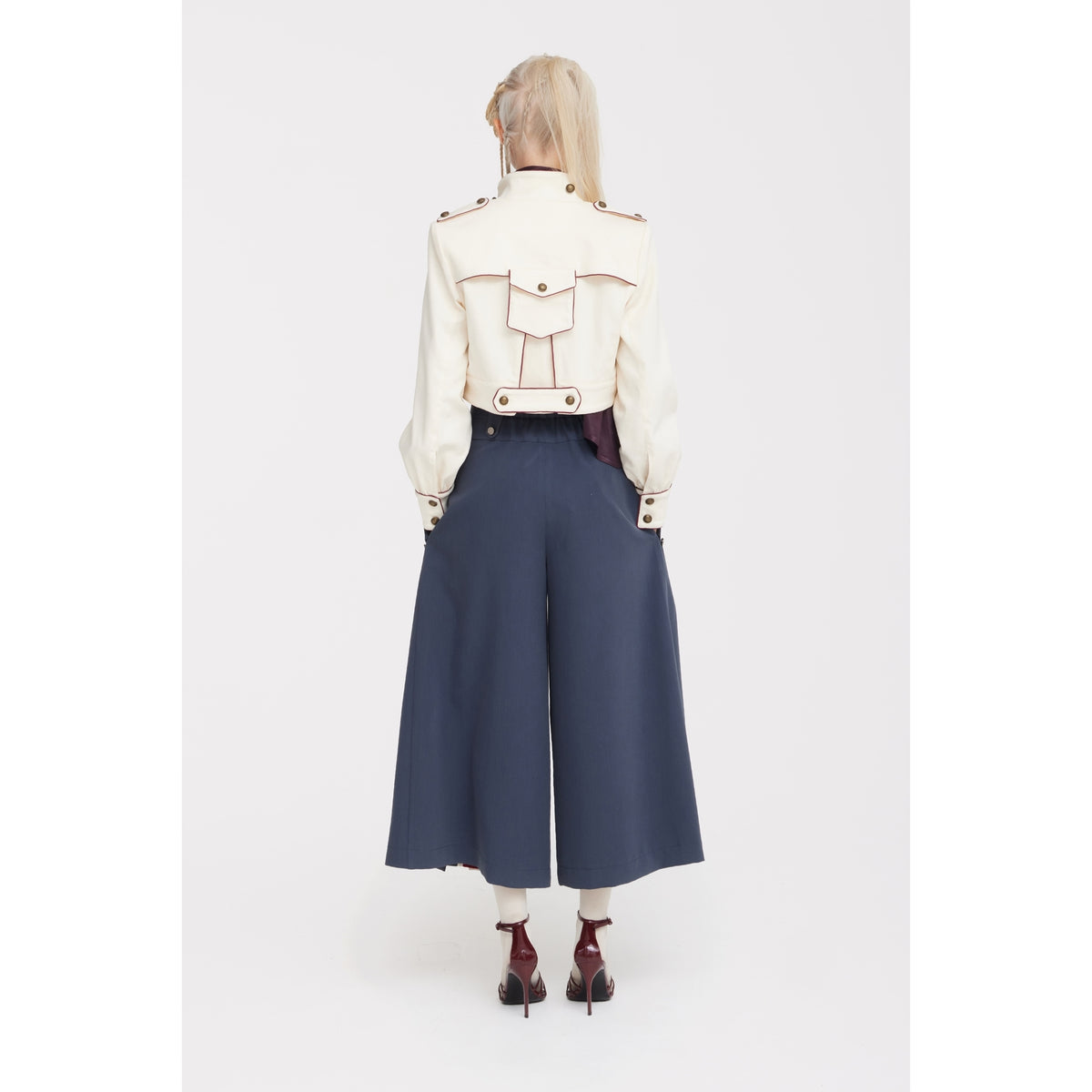 JULIA ALLERT high-waisted pleated culottes, back view worn by model, buy at DOORS NYC