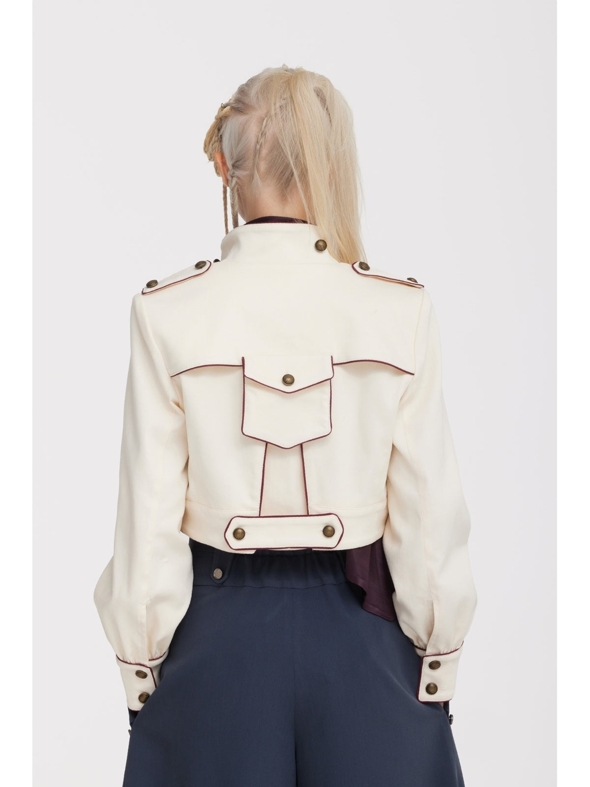JULIA ALLERT ivory cropped denim jacket, back view on model, buy at DOORS NYC