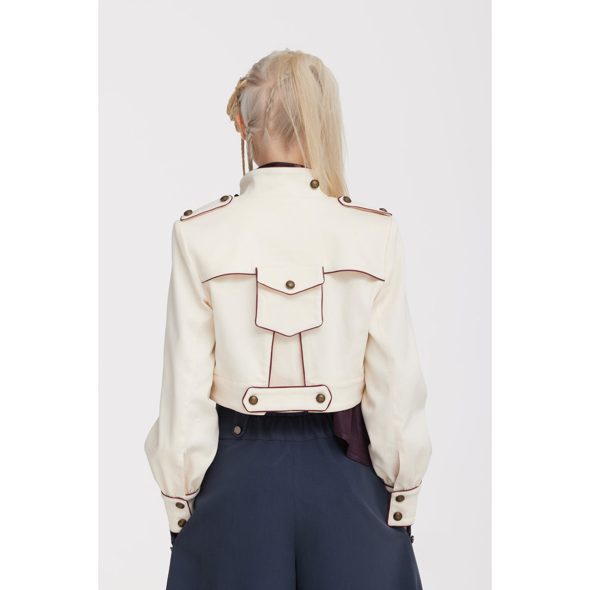 JULIA ALLERT blue grey culottes waistband and buttons, back view with jacket, buy at DOORS NYC