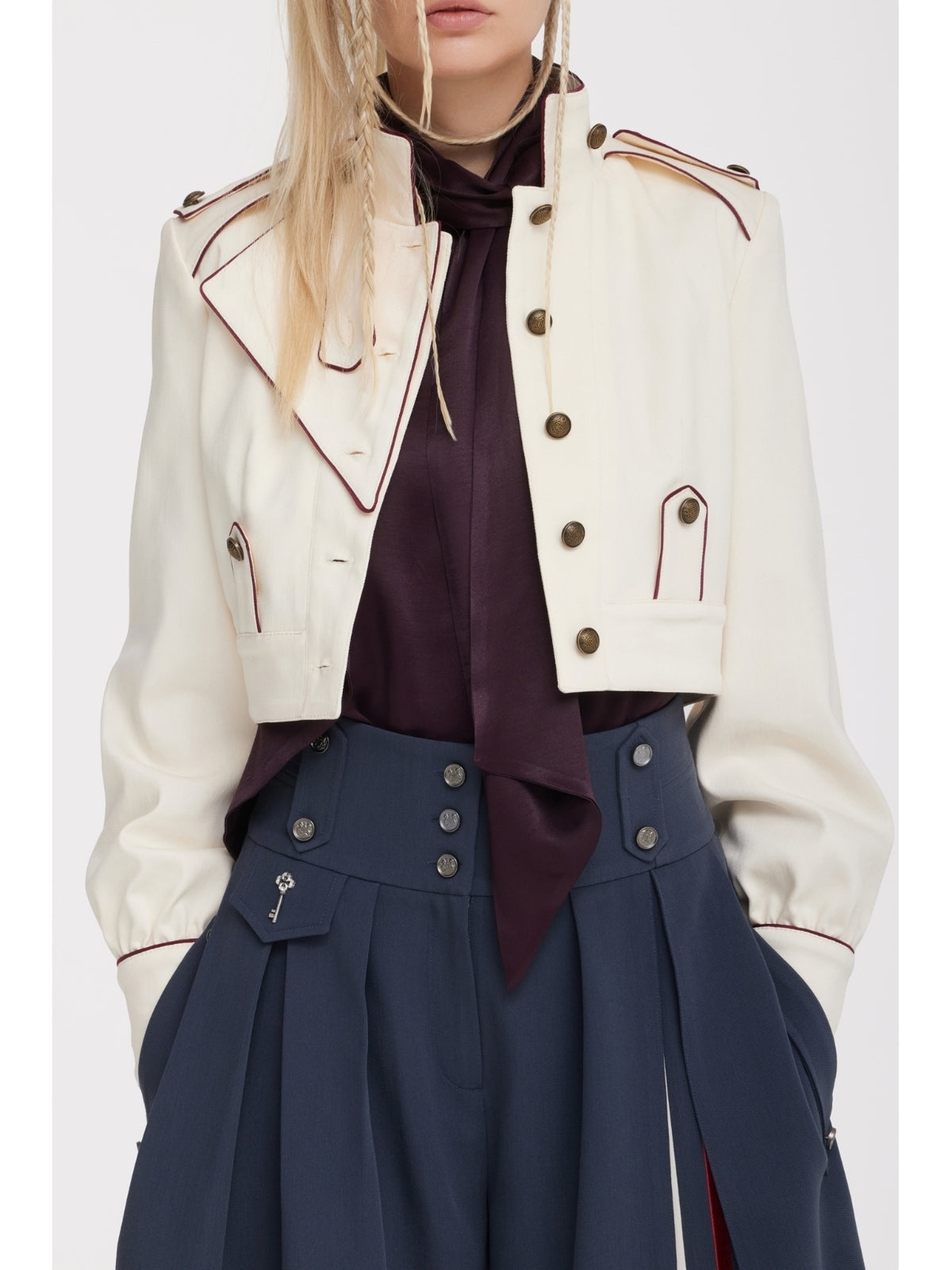 JULIA ALLERT ivory cropped denim jacket, front view on model, buy at DOORS NYC