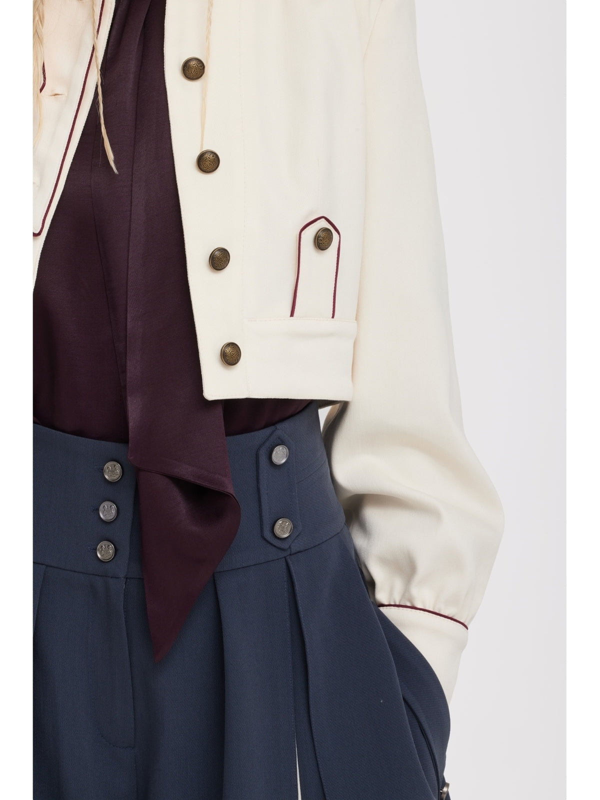 JULIA ALLERT ivory cropped denim jacket with piping worn by model, styled look, buy at DOORS NYC