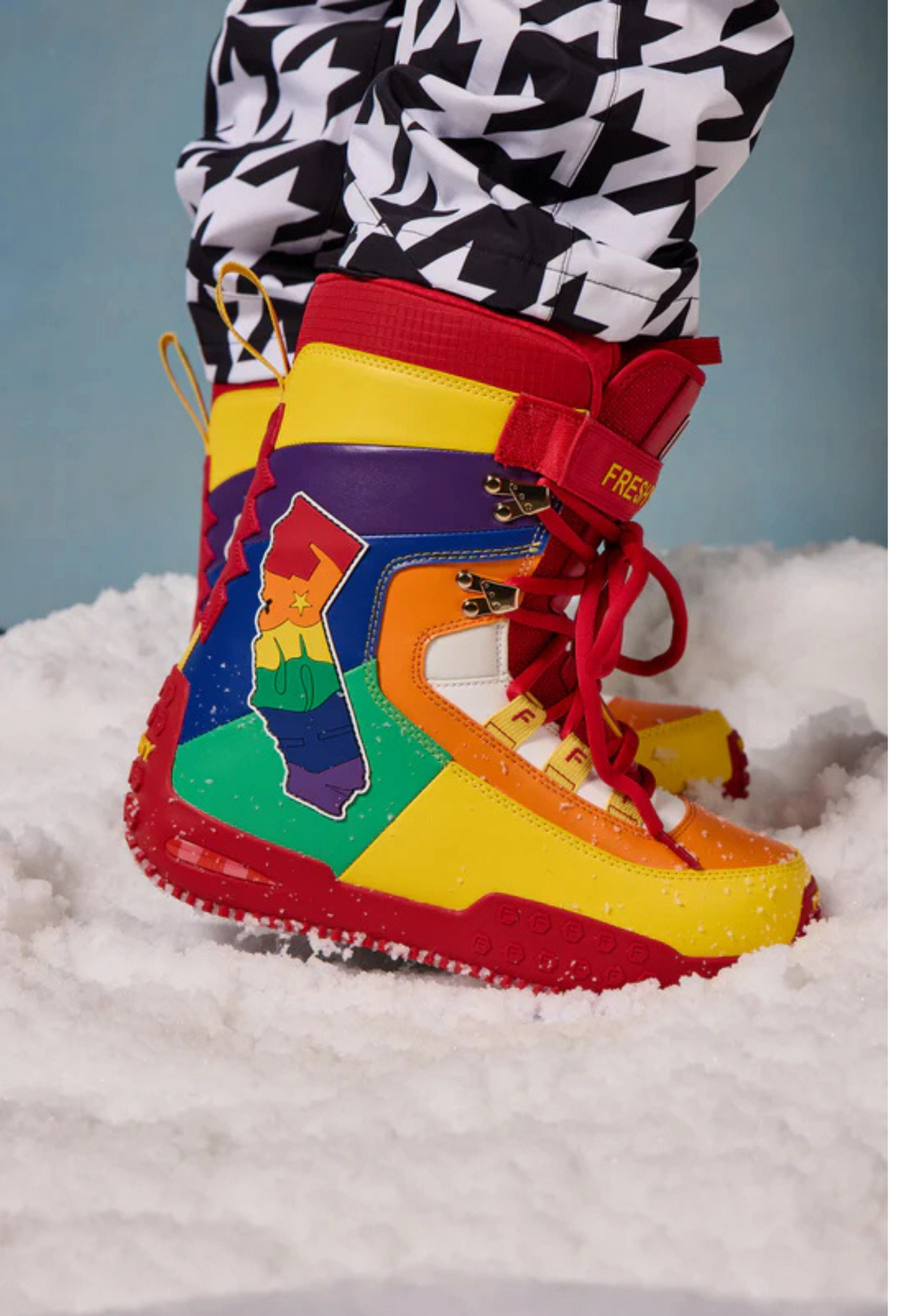 FRESHY - Pow Stomps Snowboard Boots Rainbow | PR Sample, PR Sample at DOORS NYC PR showroom