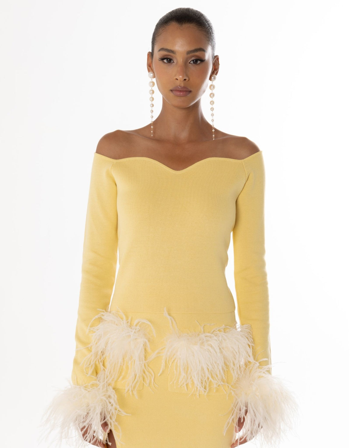 ANDREEVA - Butter Yellow Vanilla Knit Top With Detachable Feathers Cuffs
, buy at DOORS NYC