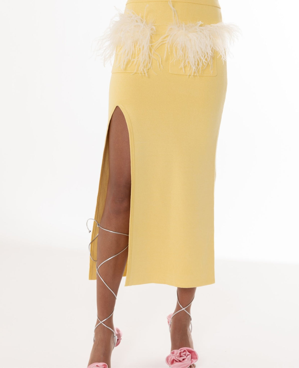 ANDREEVA - Butter Yellow Vanilla Knit Skirt With Feathers, buy at DOORS NYC
