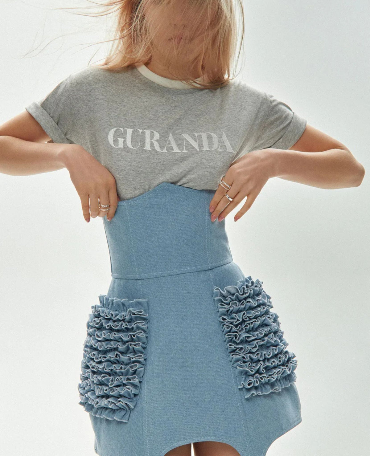GURANDA - Ruffled Corset Denim Skirt, buy at DOORS NYC