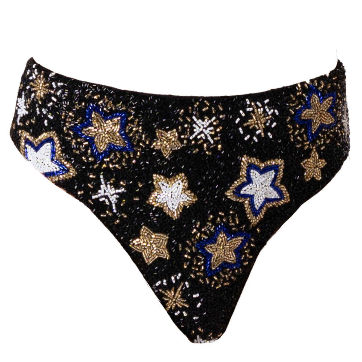 The Celeste Hand-Beaded Embellished Bikini Bottom by SELF-ADORE features a black high-waisted design adorned with gold, blue, and white star and snowflake patterns.