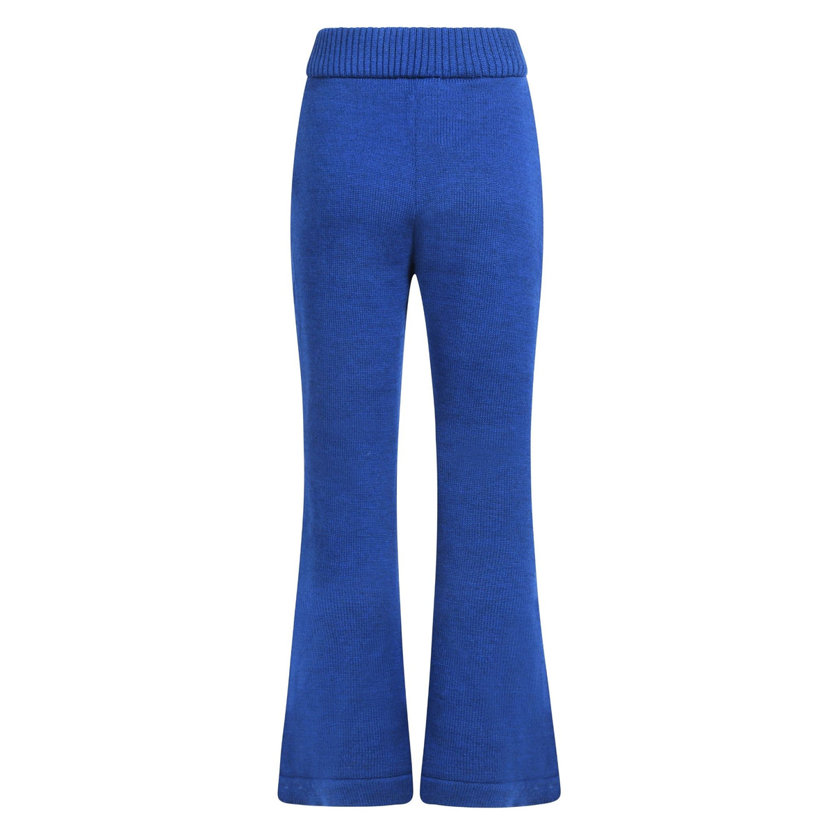 Blue ribbed knit pants on a white background