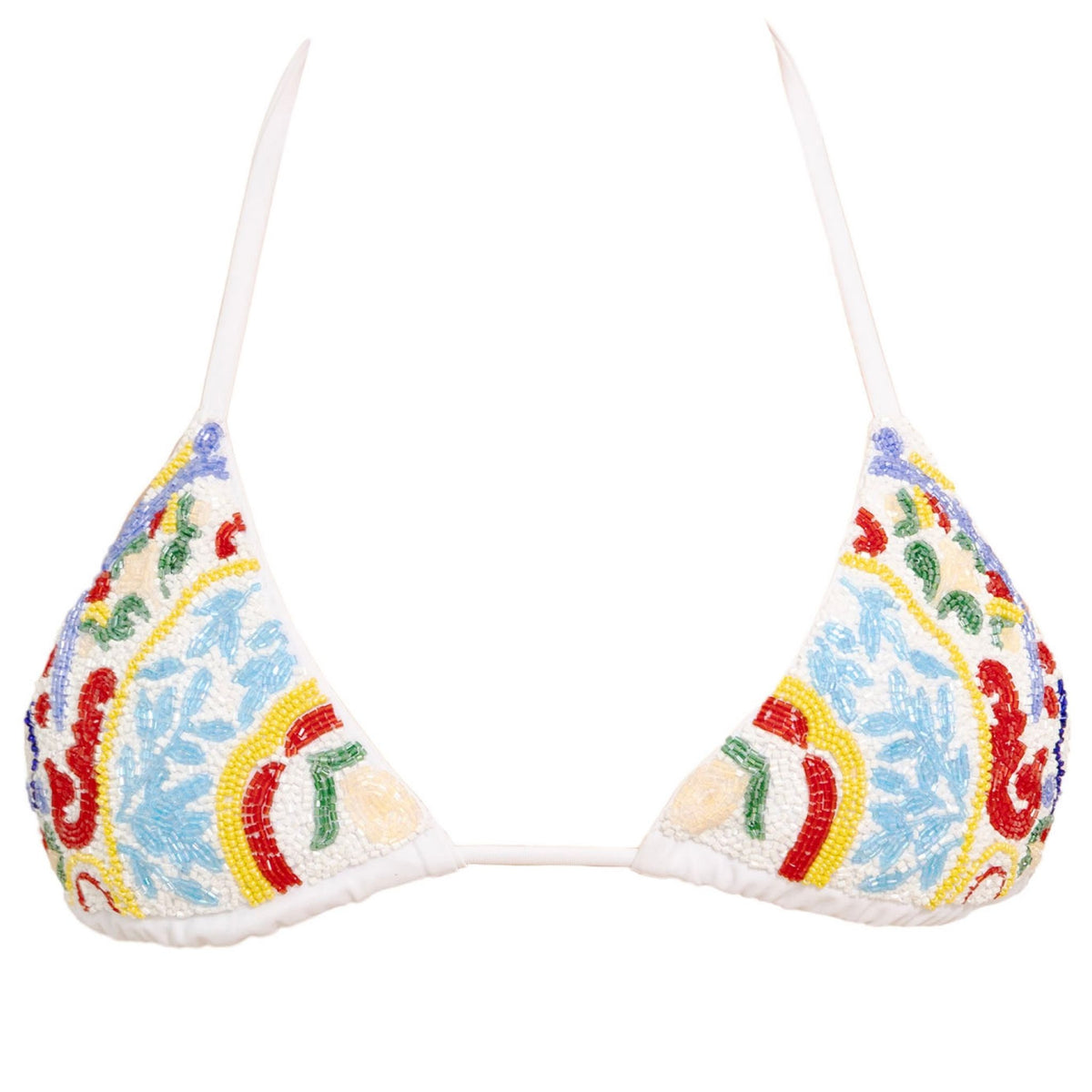 The SELF-ADORE Limoncello Hand-Beaded Embellished Bikini Top in white features colorful floral and leaf embroidery on each triangle cup—ideal for those who love stylish, embellished swimwear.