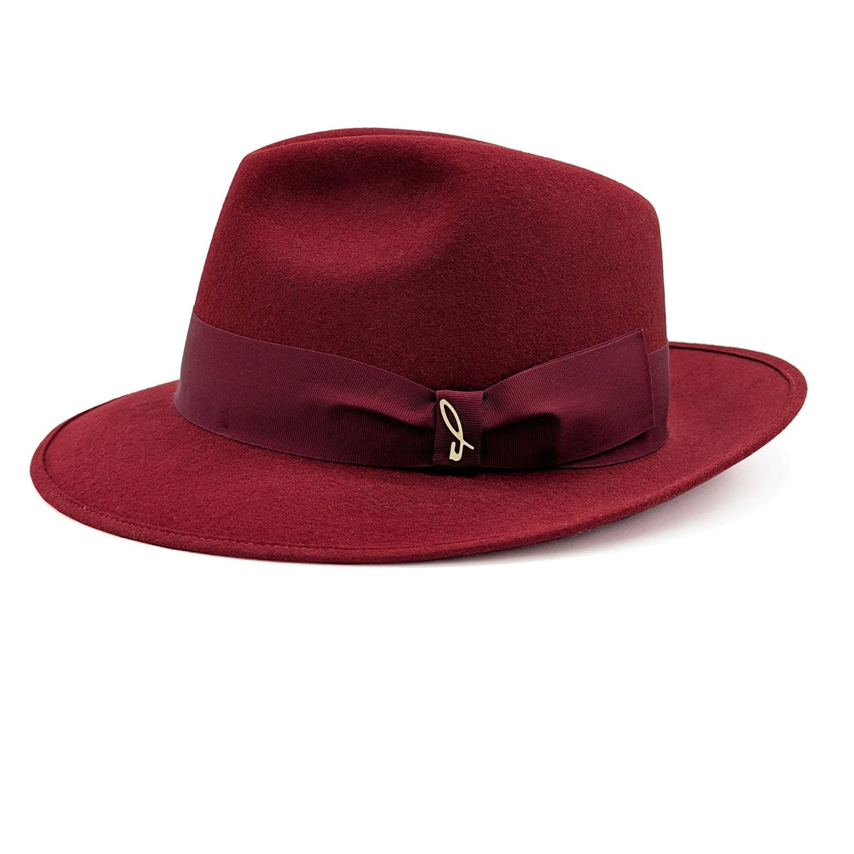 Red fedora hat with a ribbon on a white background