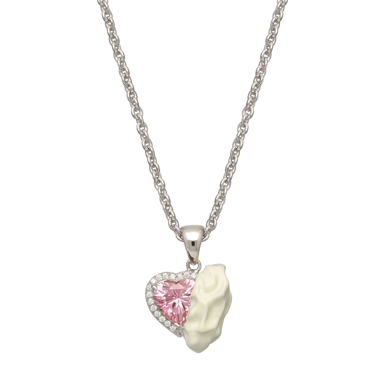 White Enamel Gum Heart Necklace with Pink Zirconia