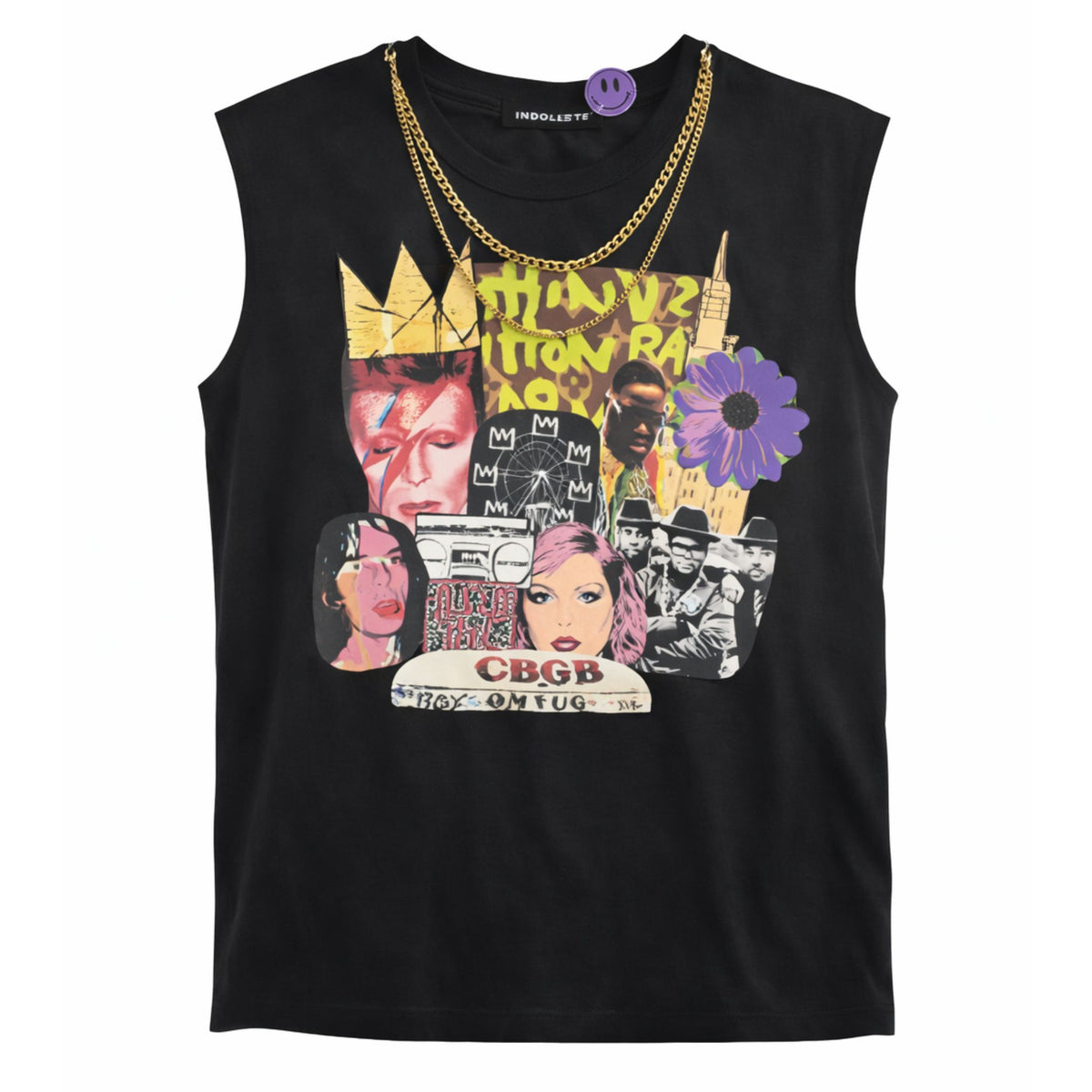 The Circular Path X Love Tara Sleeveless Round Neck Necklace T-shirt by CIRCULAR PATH features pop culture images, gold chain accents, a purple flower pin, and bold yellow and pink text—perfect for adding flair to your casual wardrobe.