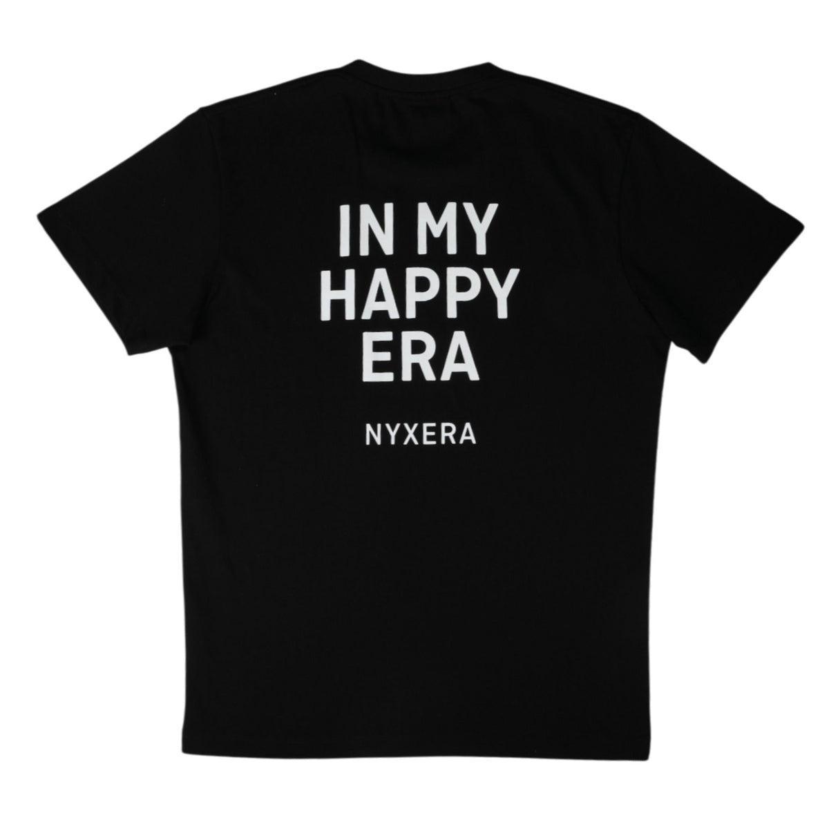 Black t-shirt with &#39;IN MY HAPPY ERA NYXERA&#39; text on a white background