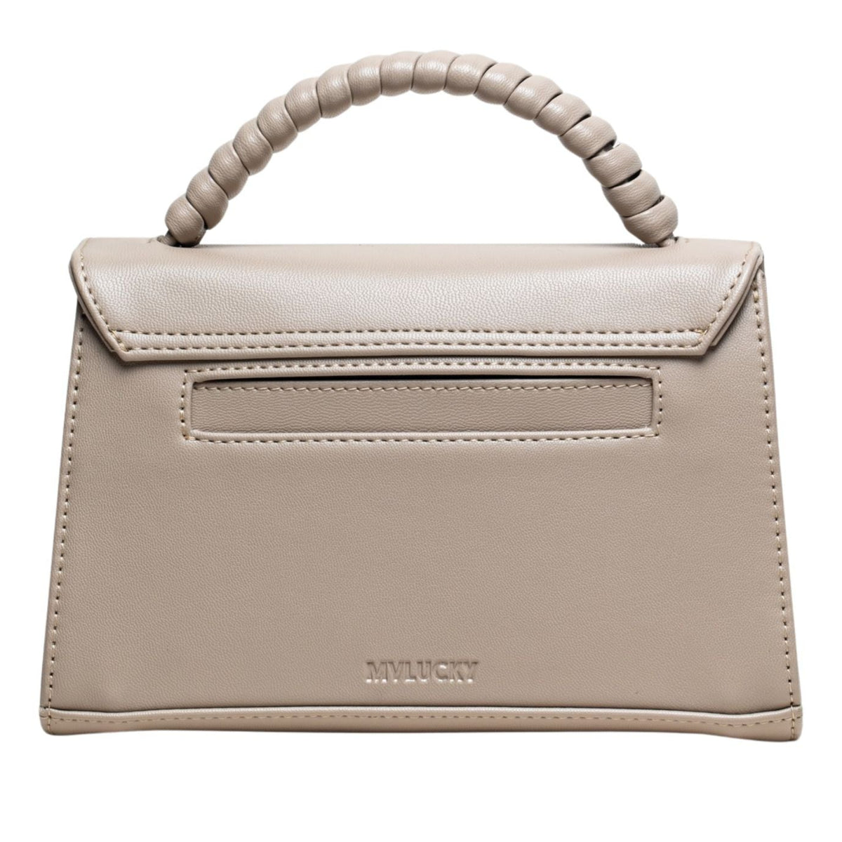 MVLUCKY - Latte Vegan Leather Paris Clutch With Beaded Top Handle, buy at DOORS NYC