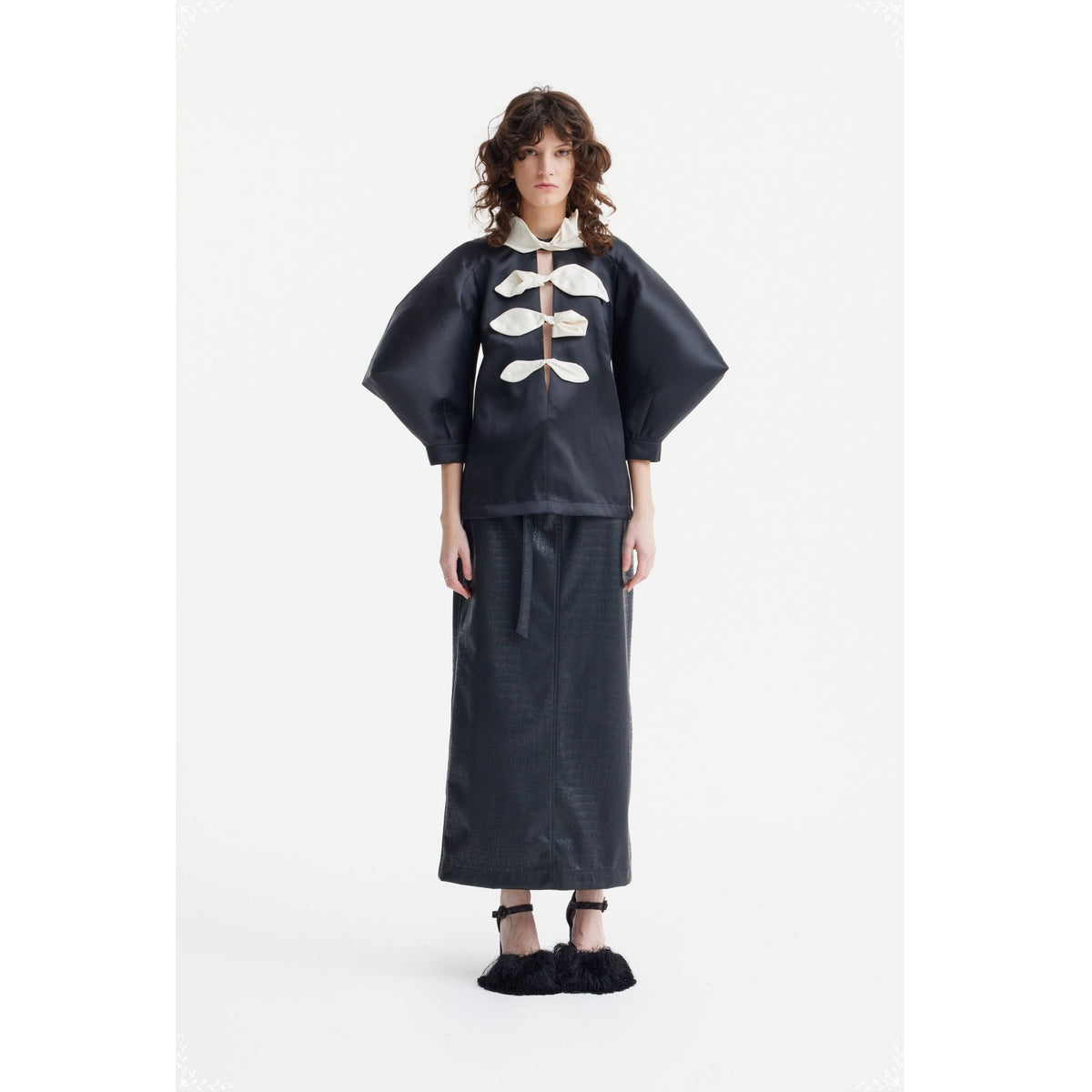 Taffeta Deep V-Neck Blouse With Satin Floral Detail  | Black