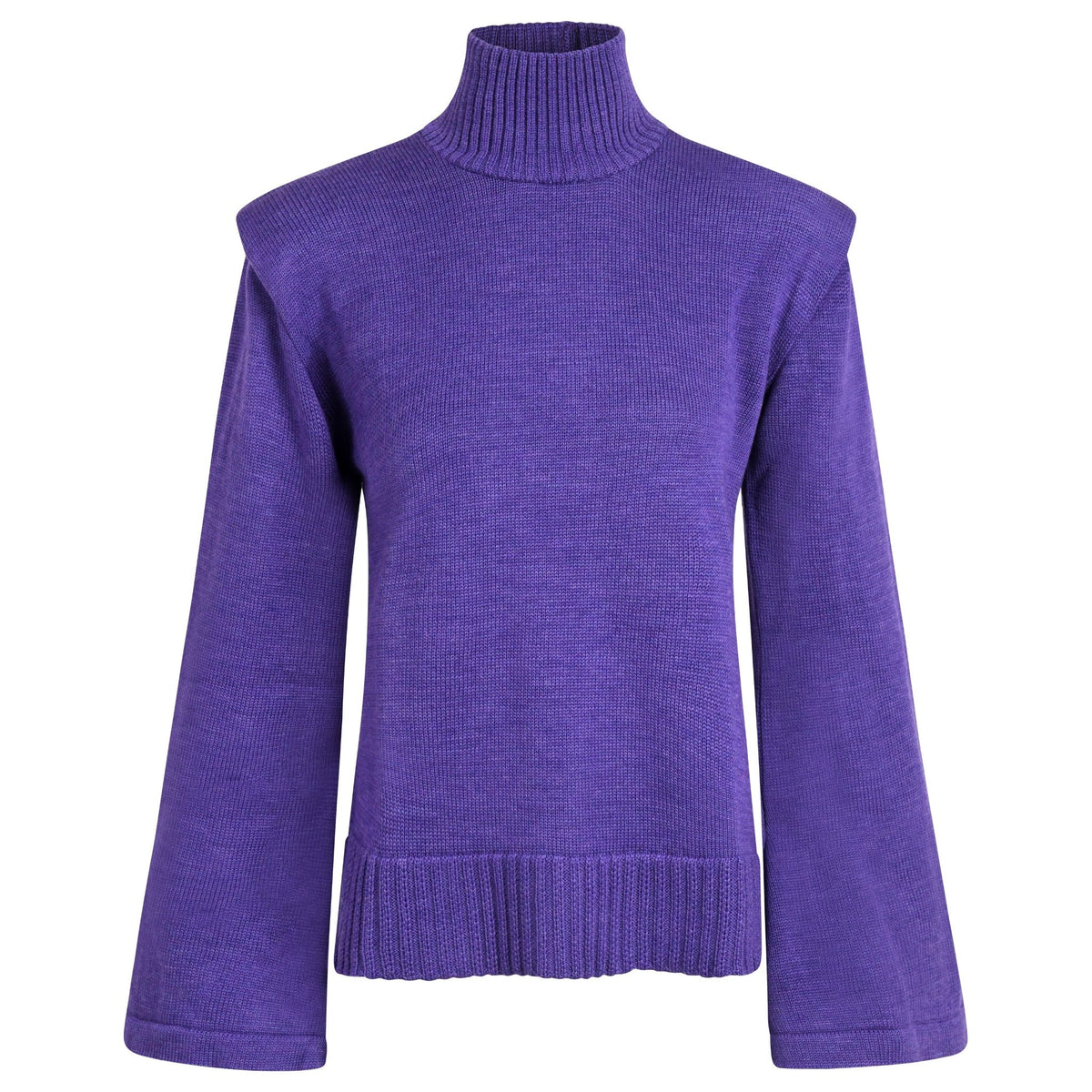 Purple Merino Wool Turtleneck Sweater with Flared Sleeves